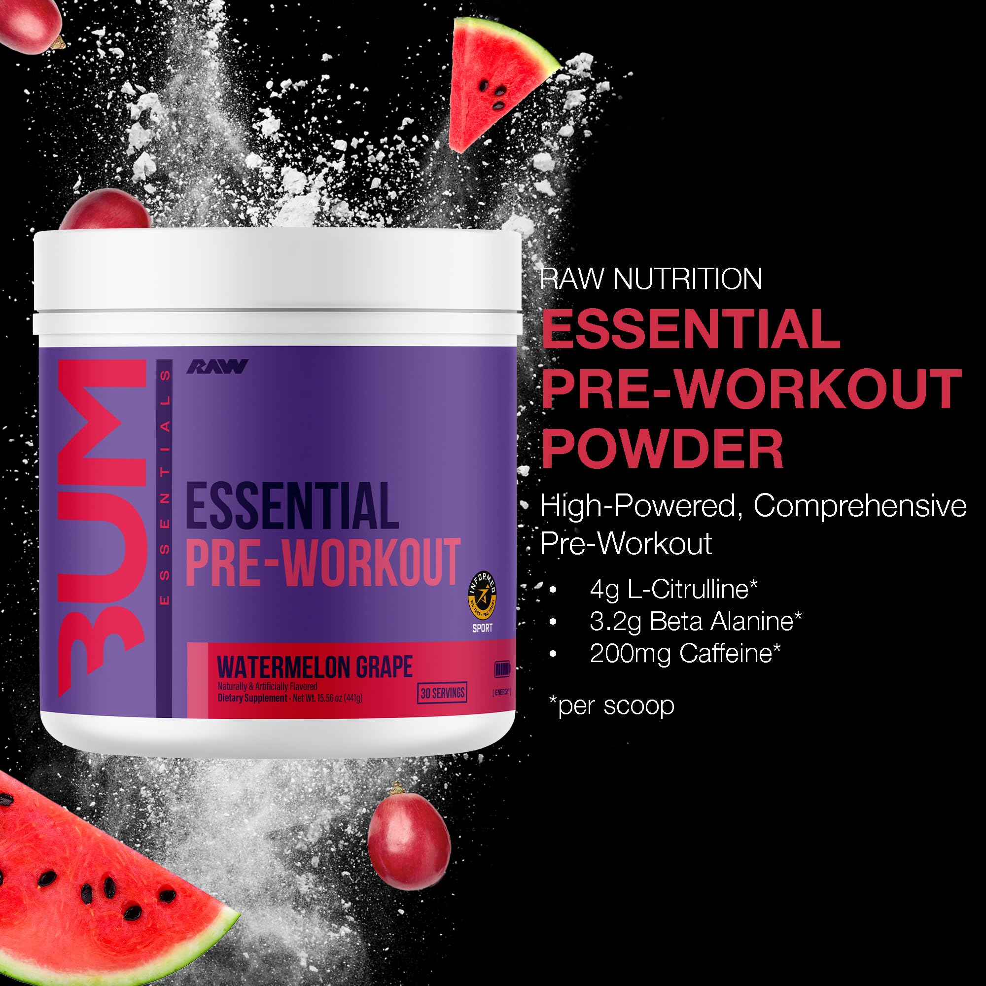 RAW Essential Pre-Workout Powder (Watermelon Grape) - Chris Bumstead Sports Nutrition Supplement for Men & Women - Preworkout Energy Powder with Caffeine, L-Citrulline, RAW buy supplements canada