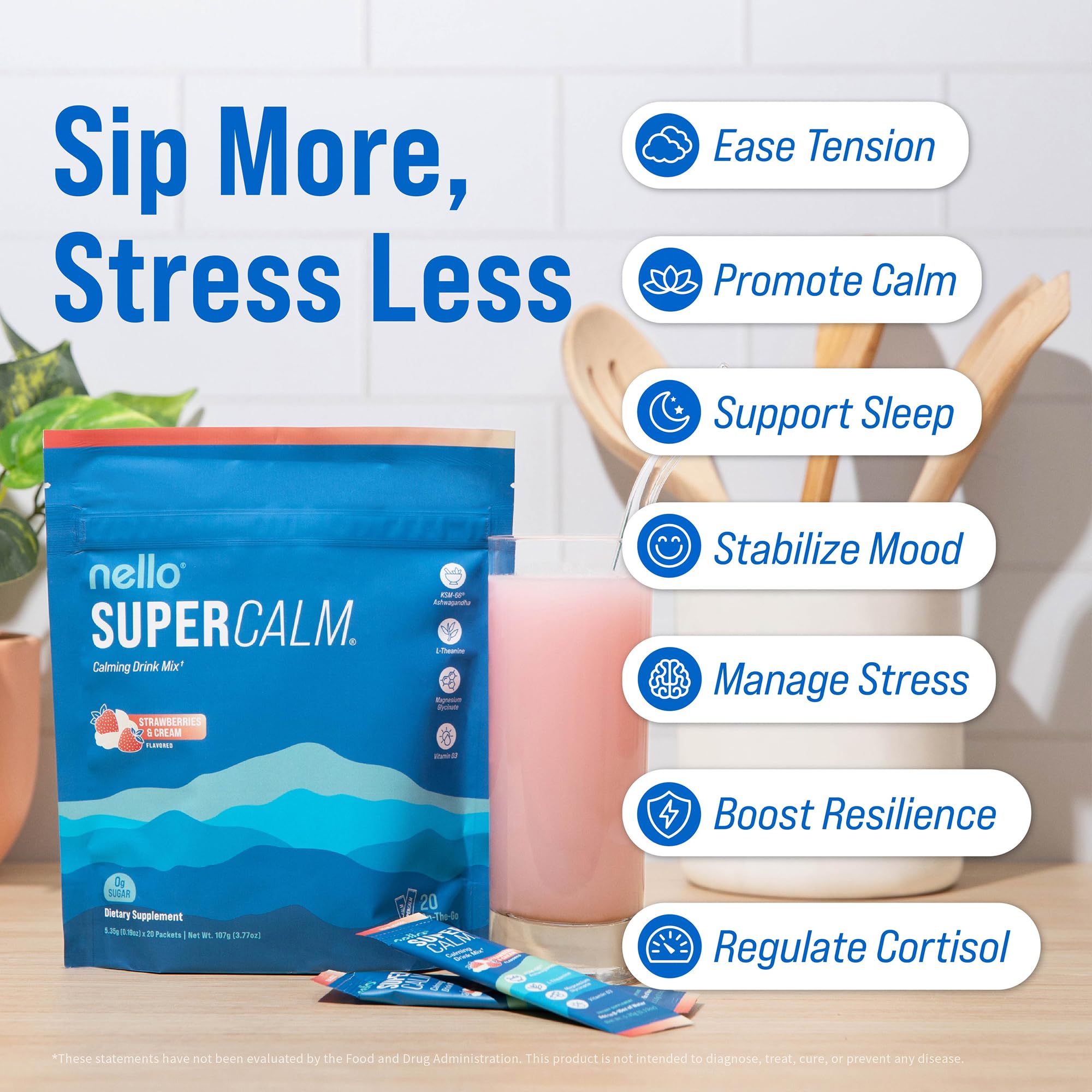 Nello Supercalm Powdered Drink Mix, Cortisol Reducer*, Sleep Aid Supplement, L Theanine, Ksm-66 Ashwagandha, Magnesium Glycinate, Vitamin D 3, No Sugar Nello buy supplements canada