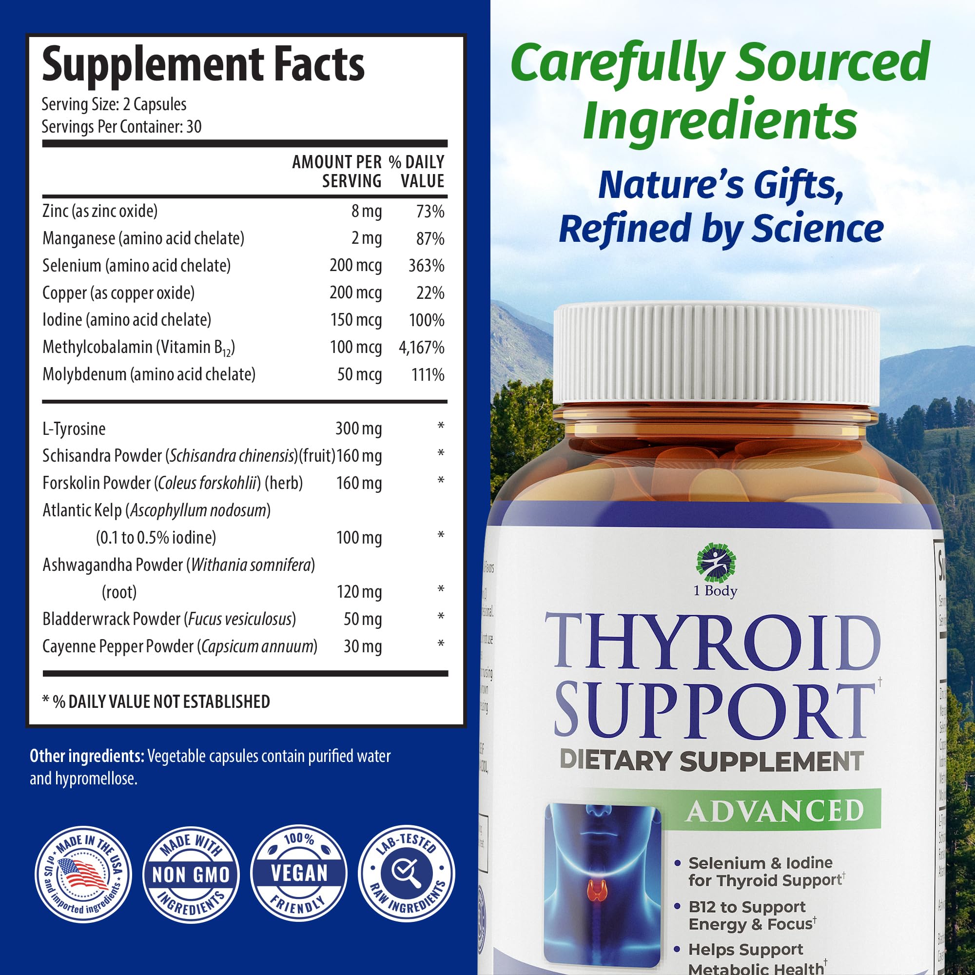 1 Body Thyroid Support Supplement for Women and Men, Selenium with Iodine, Zinc, B12, Ashwagandha and L-Tyrosine, Supports Hormone Health, Energy and Metabolism, 30 Day Supply 1 Body buy supplements canada