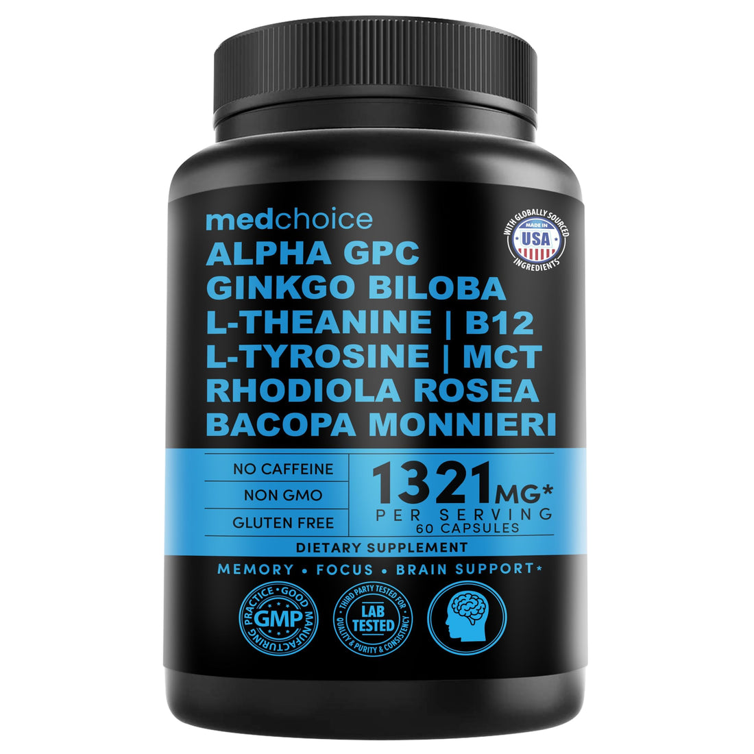 12-in-1 Nootropic Brain Supplement Anhydrous: Ginkgo Biloba for Brain Support, Memory and Focus - B12, Alpha GPC, L Theanine and Choline Supplements with Bioperine Non Caffeinated 1321mg (60ct) MEDCHOICE buy supplements canada