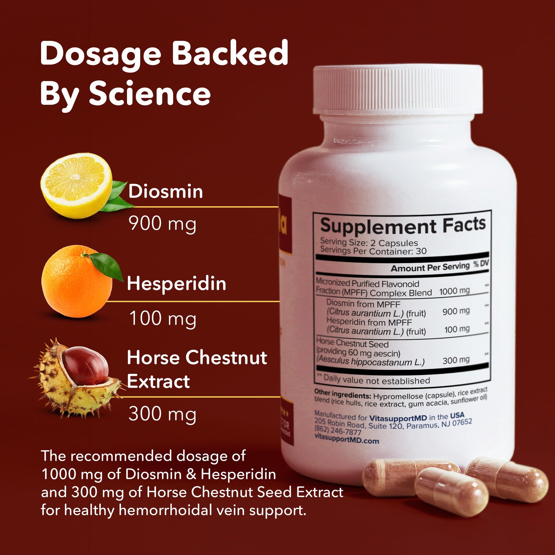 VITASUPPORTMD H Formula Diosmin Hesperidin 1000mg, Horse Chestnut Extract 300mg, Hemorrhoidal Vein Support, Micronized MPFF Bioflavonoids Supplement for Hemorrhoidal Vein Health Support, 60 Capsules VITASUPPORTMD buy supplements canada