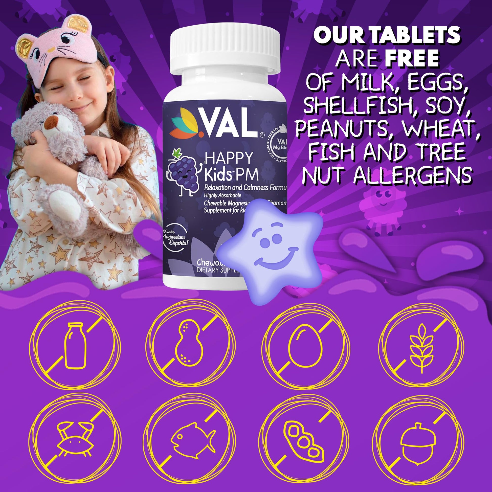 VAL Kids PM Magnesium Gummies | Sugar-Free Chewable Tablets with Chamomile, Magnesium Glycinate + Citrate + Taurate | Vitamin B6 & C | Natural Grape Flavor | Sleep & Calm Support | 60 Ct | Ages 4+ VAL buy supplements canada