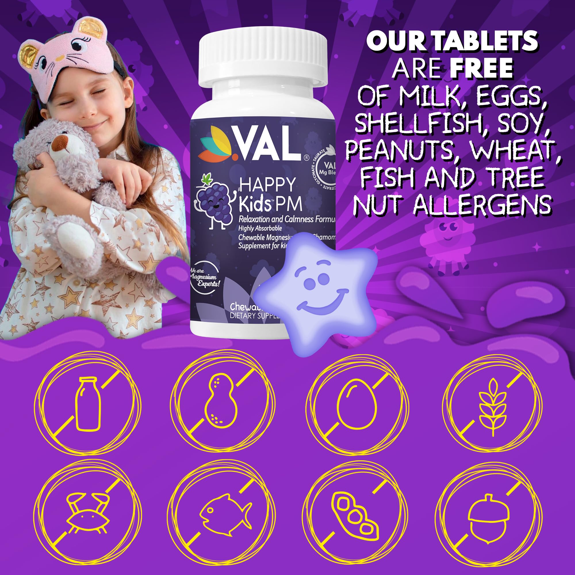 VAL Kids PM Magnesium Gummies | Sugar-Free Chewable Tablets with Chamomile, Magnesium Glycinate + Citrate + Taurate | Vitamin B6 & C | Natural Grape Flavor | Sleep & Calm Support | 60 Ct | Ages 4+ VAL buy supplements canada