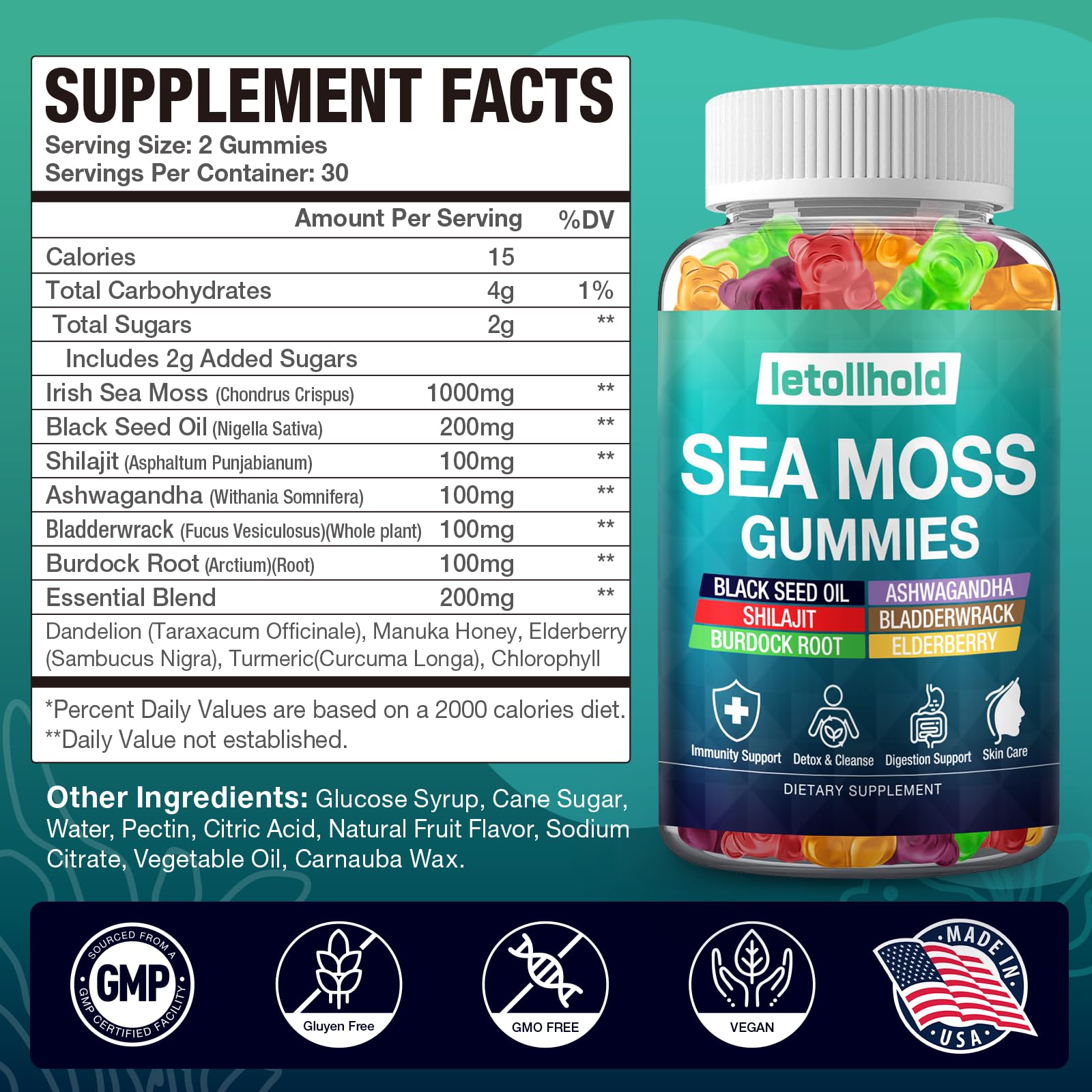Sea Moss Gummies - Irish Sea Moss Gummies Advanced for Adults with Ashwagandha Bladderwrack & Burdock Root for Supports Immune，Energy - 60 Vegan Gummy,2PCS letollhold buy supplements canada