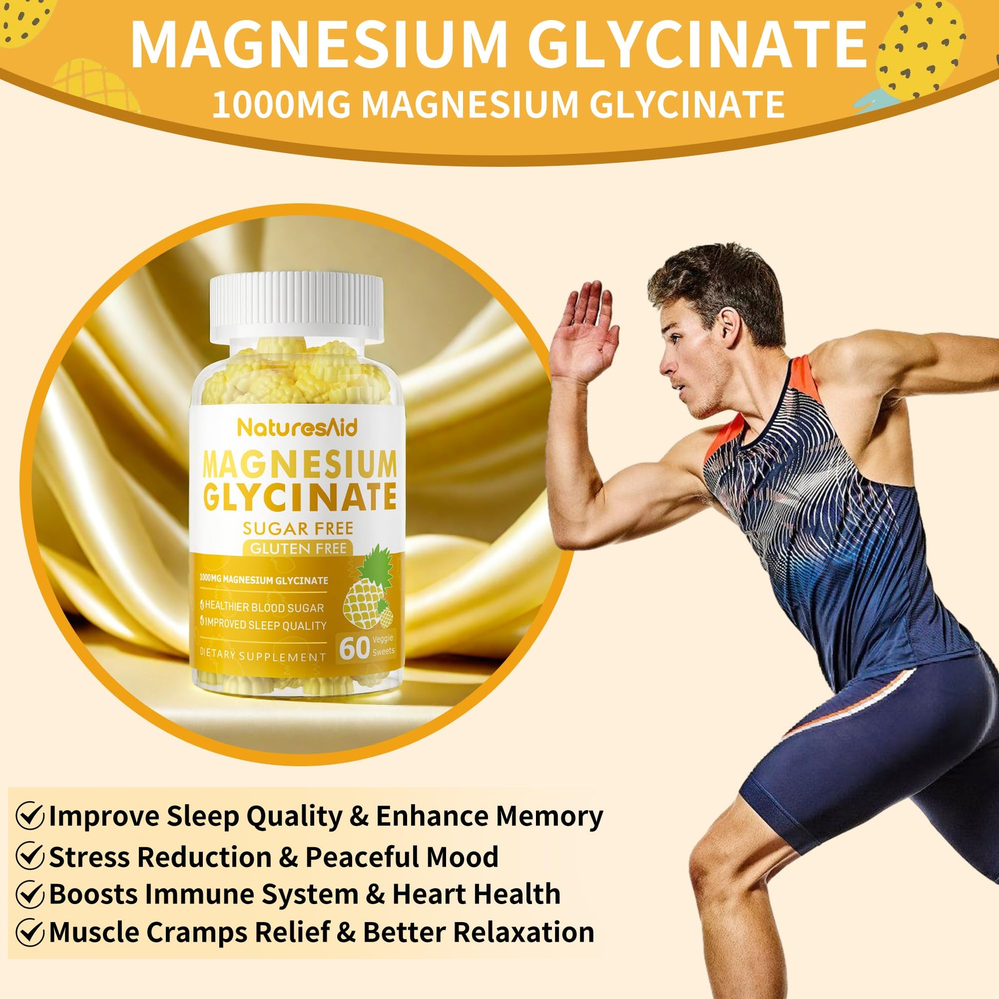Magnesium Glycinate Gummies 1000mg - Sugar Free Magnesium Potassium Supplement with Vitamin D, B6, CoQ10 for Calm Mood & Sleep Support - 60 Pineapple Gummies -1 Pack Natures Aid buy supplements canada