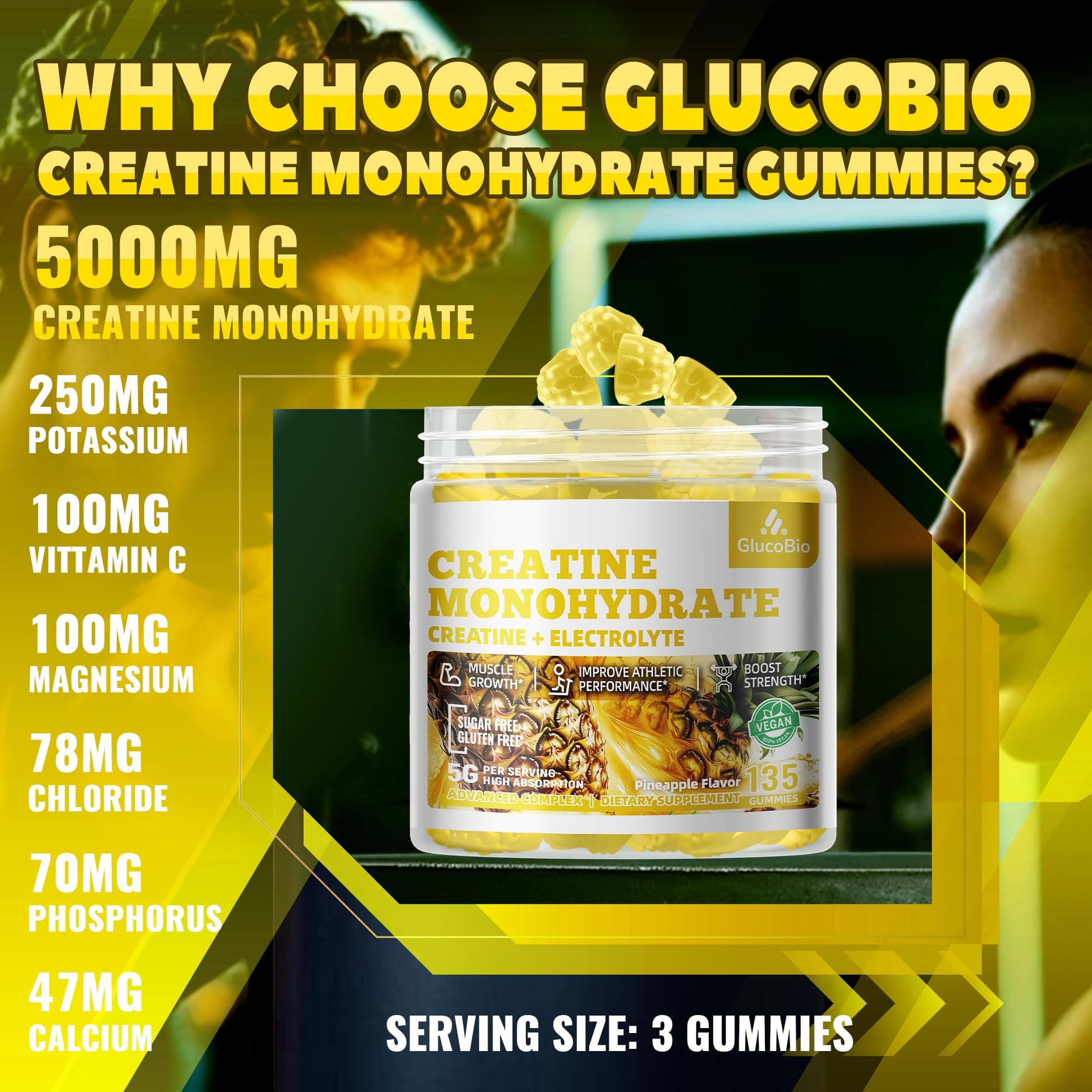 GlucoBio Creatine Monohydrate Gummies (5g) – Pre-Workout Energy & Muscle Growth Support for Men & Women | Pineapple Electrolyte Gummies (135 Count) GlucoBio buy supplements canada