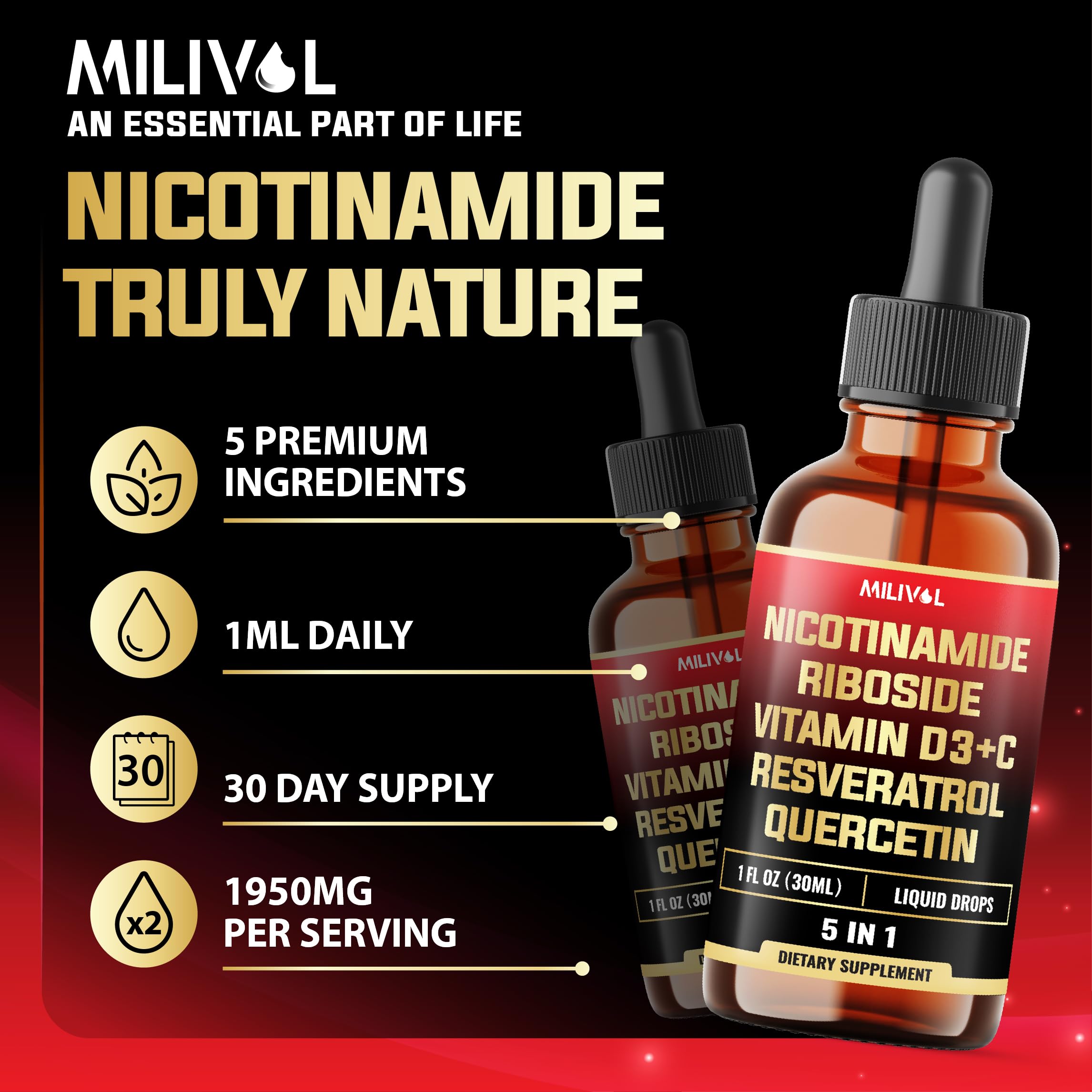 MILIVOL 5in1 NAD+ Liquid Drops w/Nicotinamide Riboside NR 900mg, Quercetin 500mg, Trans-resveratrol 500mg, Vitamin D3-C - Cellular Energy & Repair, Vitality, Healthy Aging - 1FL Oz - 1 Month Supply MILIVOL buy supplements canada