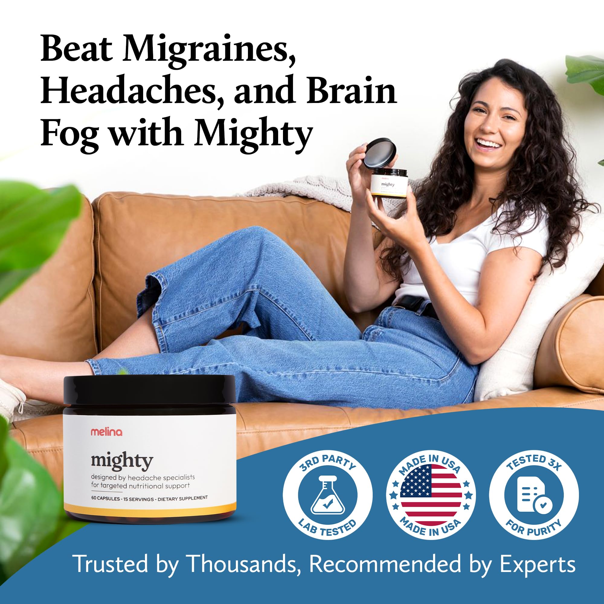 Melina Mighty Natural Migraine Relief Supplement - Magnesium, B2 Riboflavin 400mg, Feverfew, CoQ-10, ALCAR to Strengthen Migraine and Headache Prevention - 15 Servings (60 Caps) Melina buy supplements canada