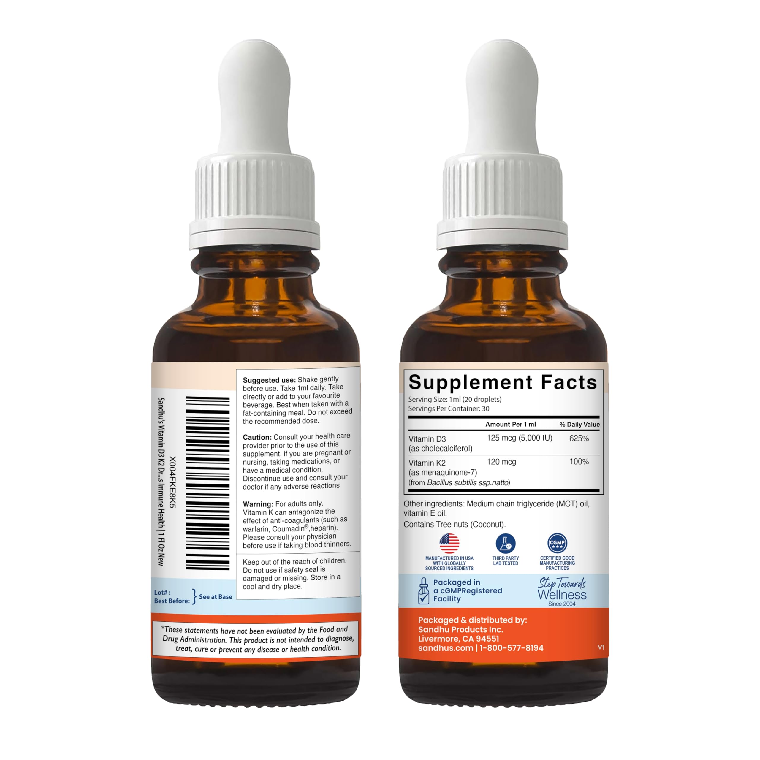 Sandhu's Vitamin D3 K2 Drops for Adults | 5000 IU D3 Liquid, 120mcg K2 Supplement 1 Fl Oz (Pack of 2) | D3K2 Supports Superior Absorption Sandhu's buy supplements canada