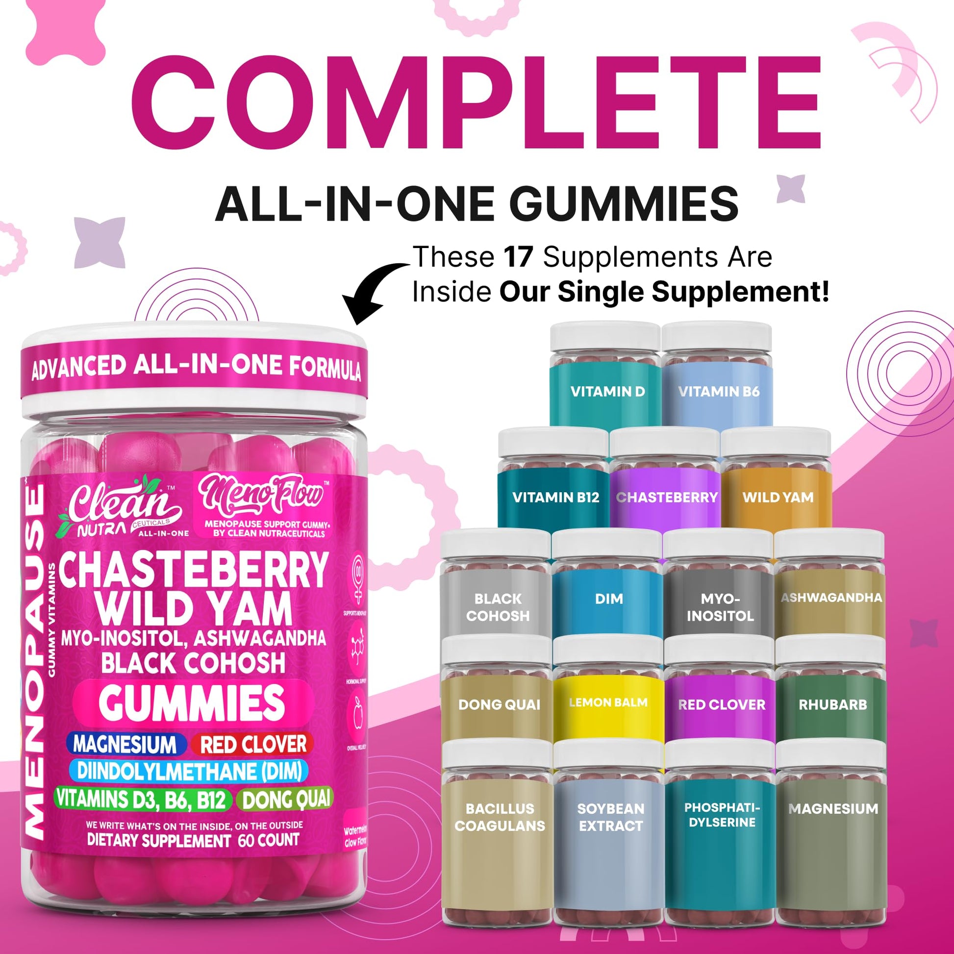 Clean Nutra Menopause Supplements for Women Chastberry Wild Yam Gummies Inositol Black Cohosh Magnesium Red Clover DIM Supplement B6 Magnesium Glycinate Glycine Vitex Hormone Balance Gummy Vitamins Clean Nutraceuticals buy supplements canada