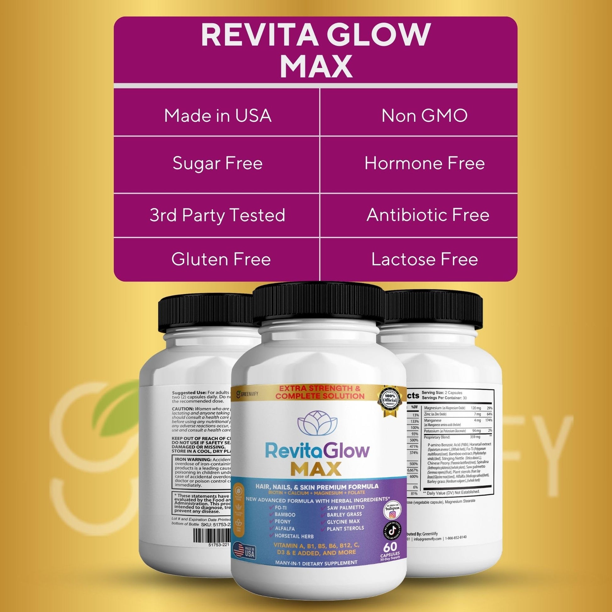 GREENVIFY RevitaGlow Max Hair, Nails & Skin Premium Formula, 60 Capsules, 30-Day Supply, with Biotin, Vitamins A, B1, B5, B6, B12, C, D3, E (1) GREENVIFY buy supplements canada
