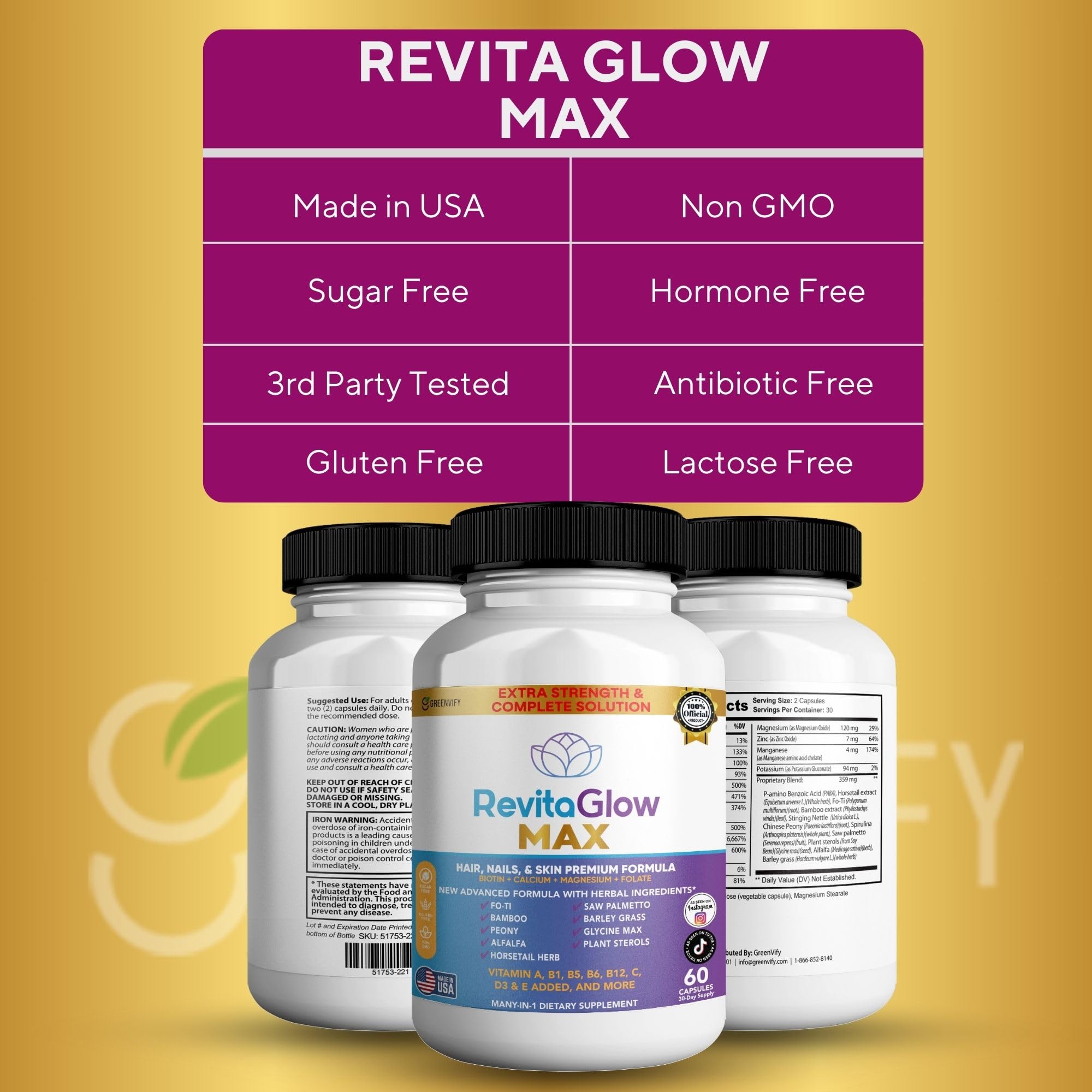 GREENVIFY RevitaGlow Max Hair, Nails & Skin Premium Formula, 60 Capsules, 30-Day Supply, with Biotin, Vitamins A, B1, B5, B6, B12, C, D3, E (1) GREENVIFY buy supplements canada