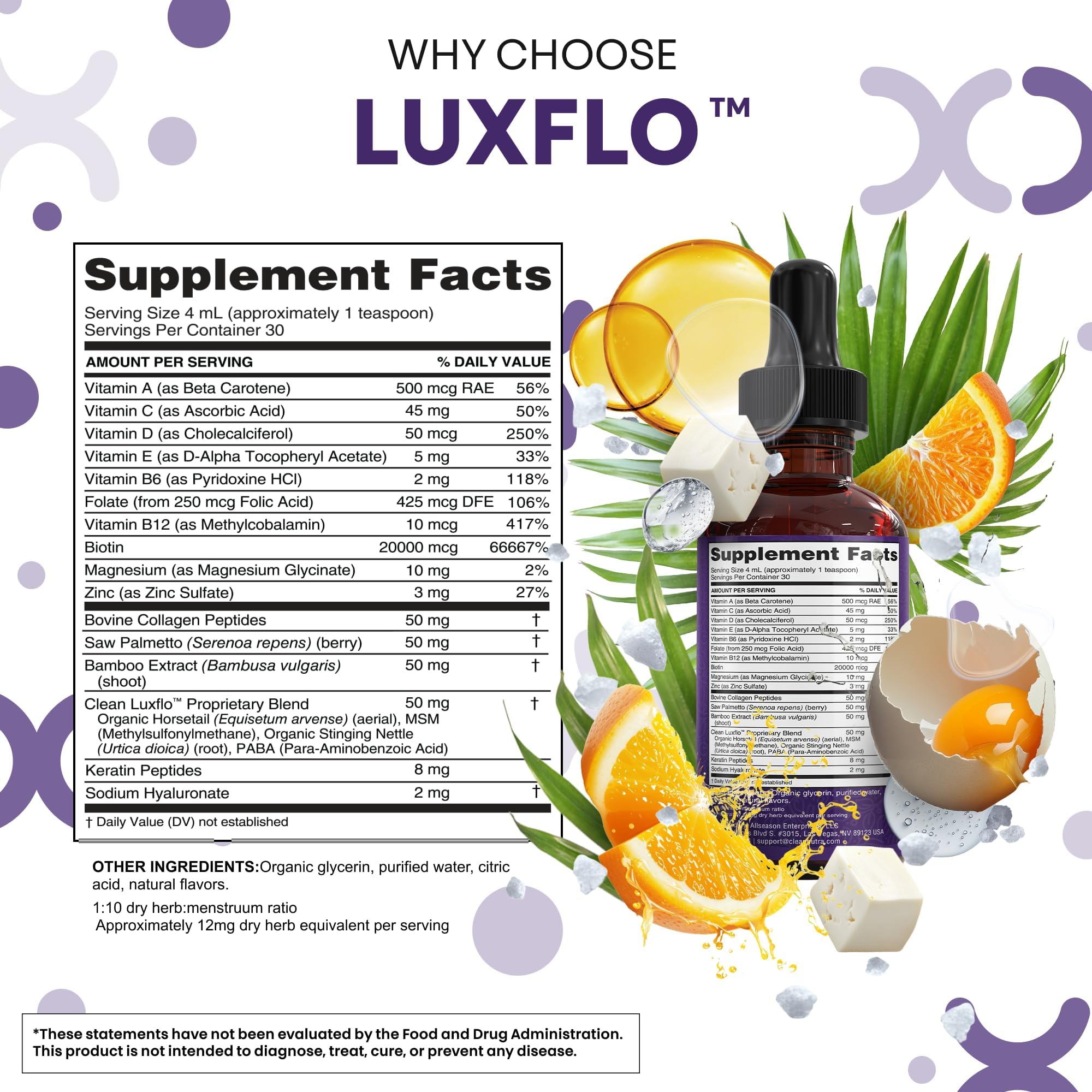 Liquid Biotin & Collagen Keratin Hyaluronic Acid Saw Palmetto Drops Vitamins for Hair Growth Support Silica Vitamin A C D Bamboo Turmeric Zinc Folate Magnesium Horsetail LuxFlo By Clean Nutra Clean Nutraceuticals buy supplements canada