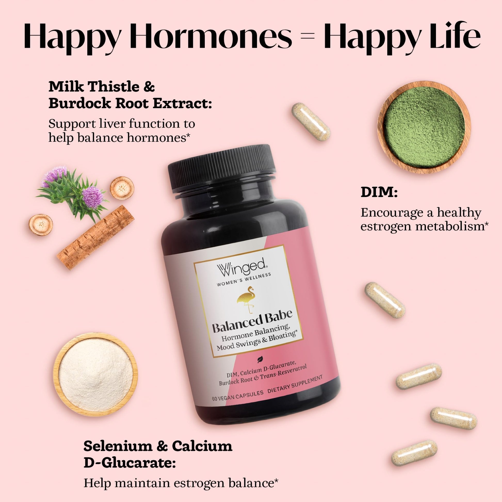 Winged Wellness Balance Babe, Hormone Balance & Estrogen Detox Supplement for Women - 100mg DIM & Calcium D-Glucarate & Milk Thistle for PMS Bloating, Cramps, Mood & Hormonal Acne Support, 60 Capsules Winged Wellness buy supplements canada