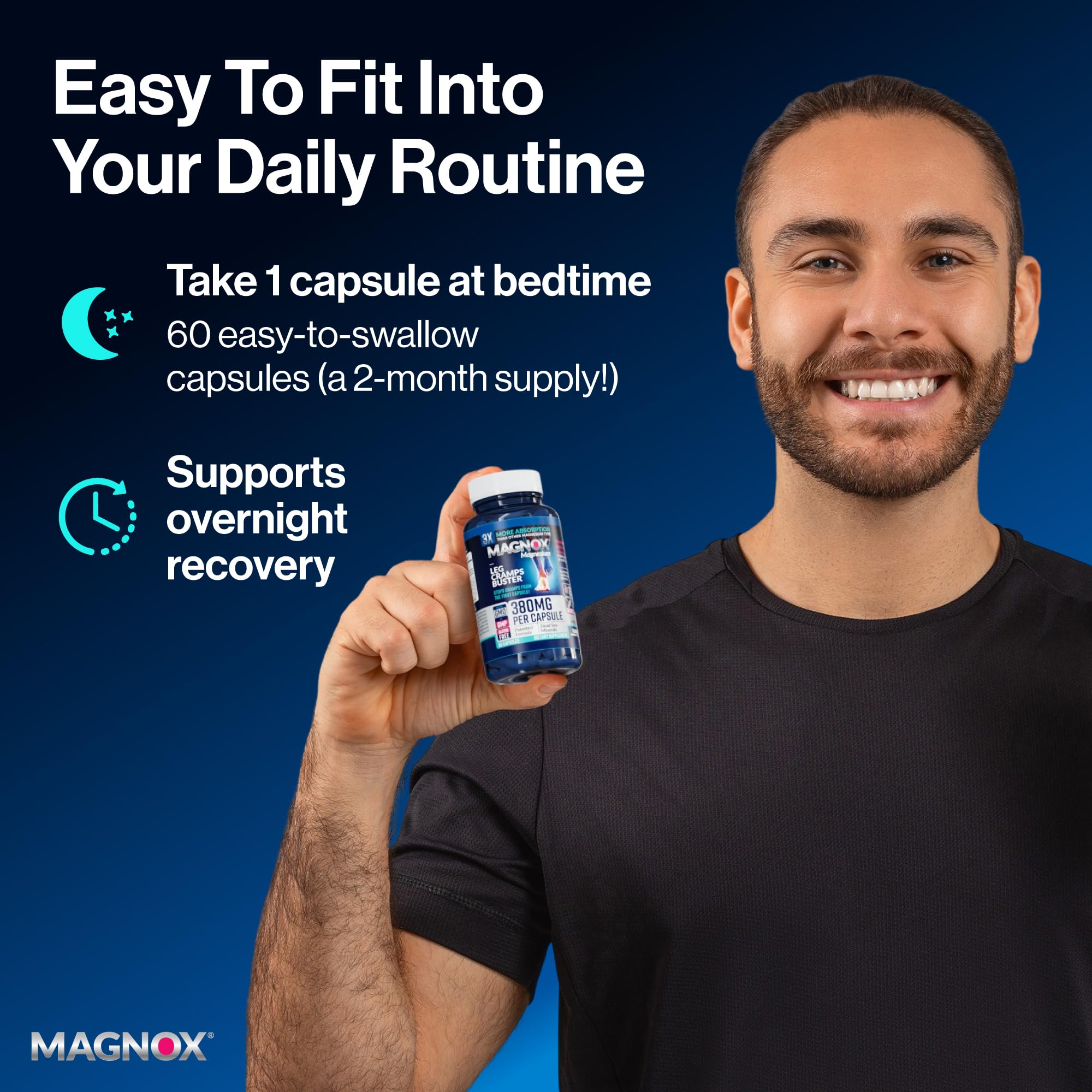 MAGNOX® Buster | Patented Clinically Tested 380mg Magnesium Supplement for Spasms & Leg Cramps at Night | One Capsule a Day for Almost Full Dosage | 3X More Absorption | Dead Sea Minerals (60 Caps) MAGNOX buy supplements canada