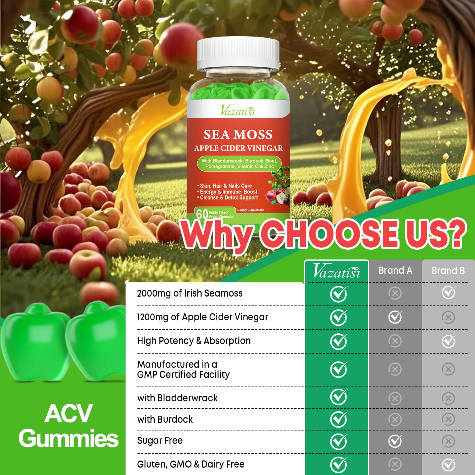 Vazatisi 2 Pack Apple Cider Vinegar Gummies, ACV with Sea Moss Gummies for Metabolism, Digestion, Detox, Gut & Immune Health, Apple Flavored -120 Count Vazatisi buy supplements canada