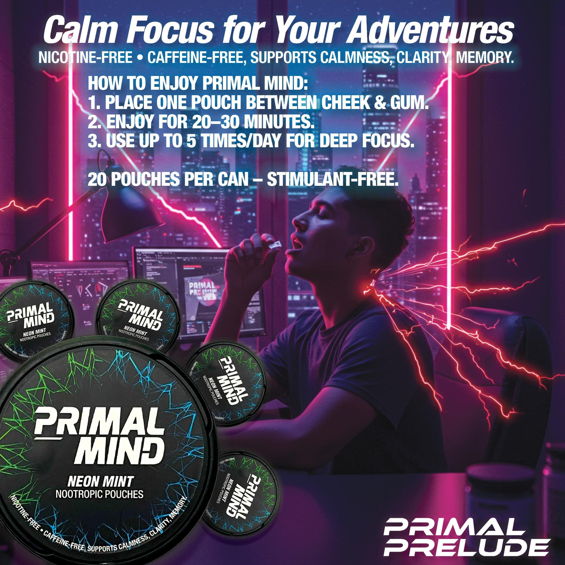 Nootropic Pouches - Primal Mind Caffeine Free Nootropics Pouches Made with Ginkgo Biloba & L-Theanine - Nicotine Free Brain Boost, No Sugar, Cognitive Support – 20 Pouches Per Can, 5 Pack (Neon Mint) Primal Prelude buy supplements canada