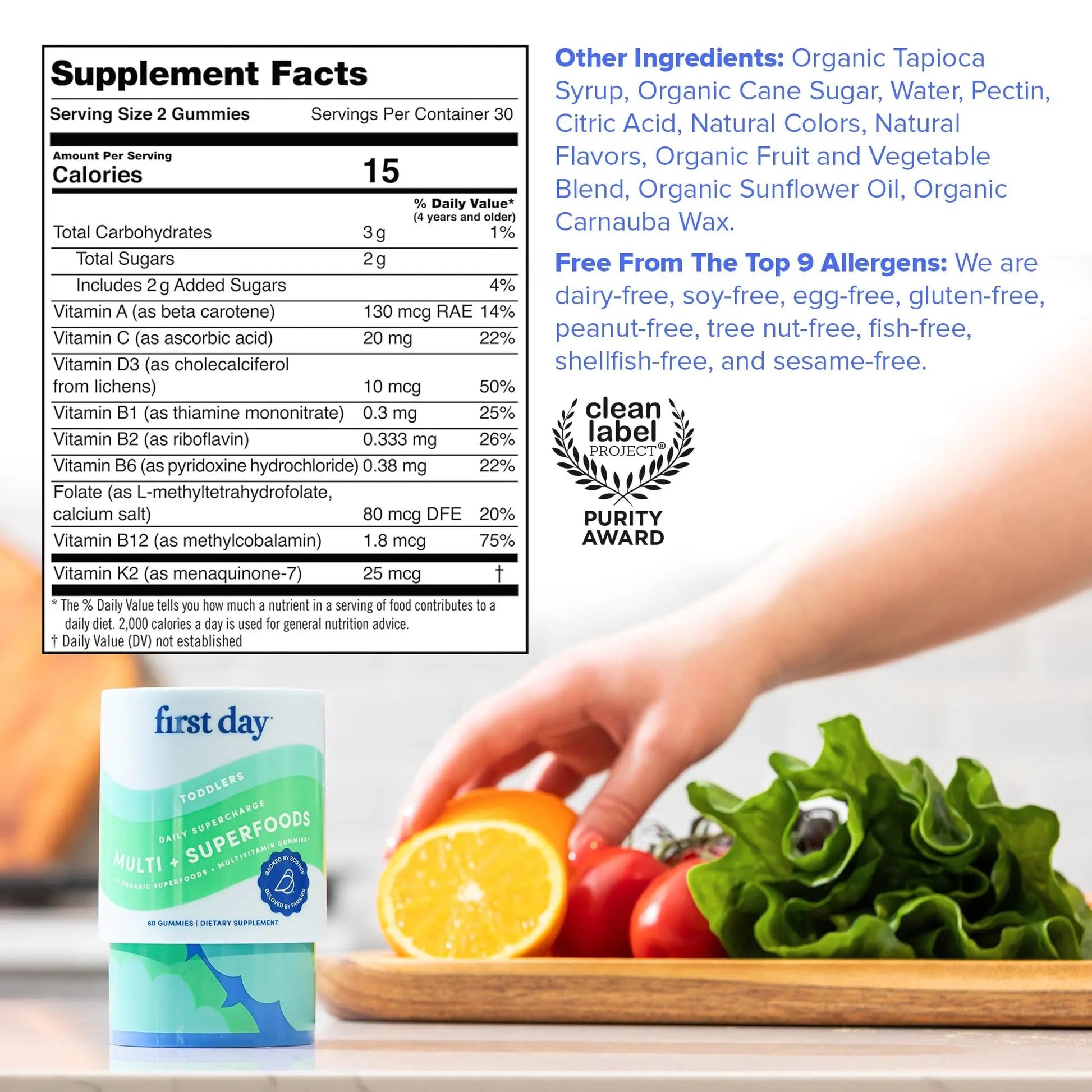 FIRST DAY Toddler Multivitamin Gummies (Ages 2-3)| Kids Multivitamin Gummies with Vitamins A C D3, B2, B12, Choline, Folate and 21 Organic Superfoods| (30 Day Supply) FIRST DAY buy supplements canada