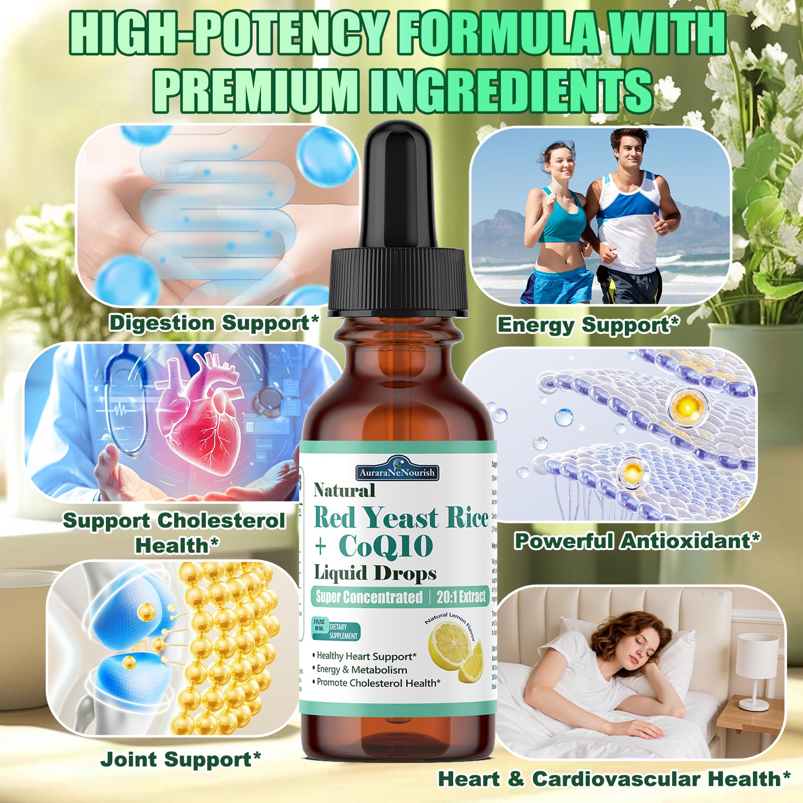 Liposomal Red Yeast Rice with Coq10 Liquid Drops, 5-in-1 Extra Strength 1200mg Cholesterol & Heart Support w. Citrus Bergamot Alpha Lipoic Acid | Cholesterol Lowering Supplement | GMO & Citrinin Free AuraraNeNourish buy supplements canada