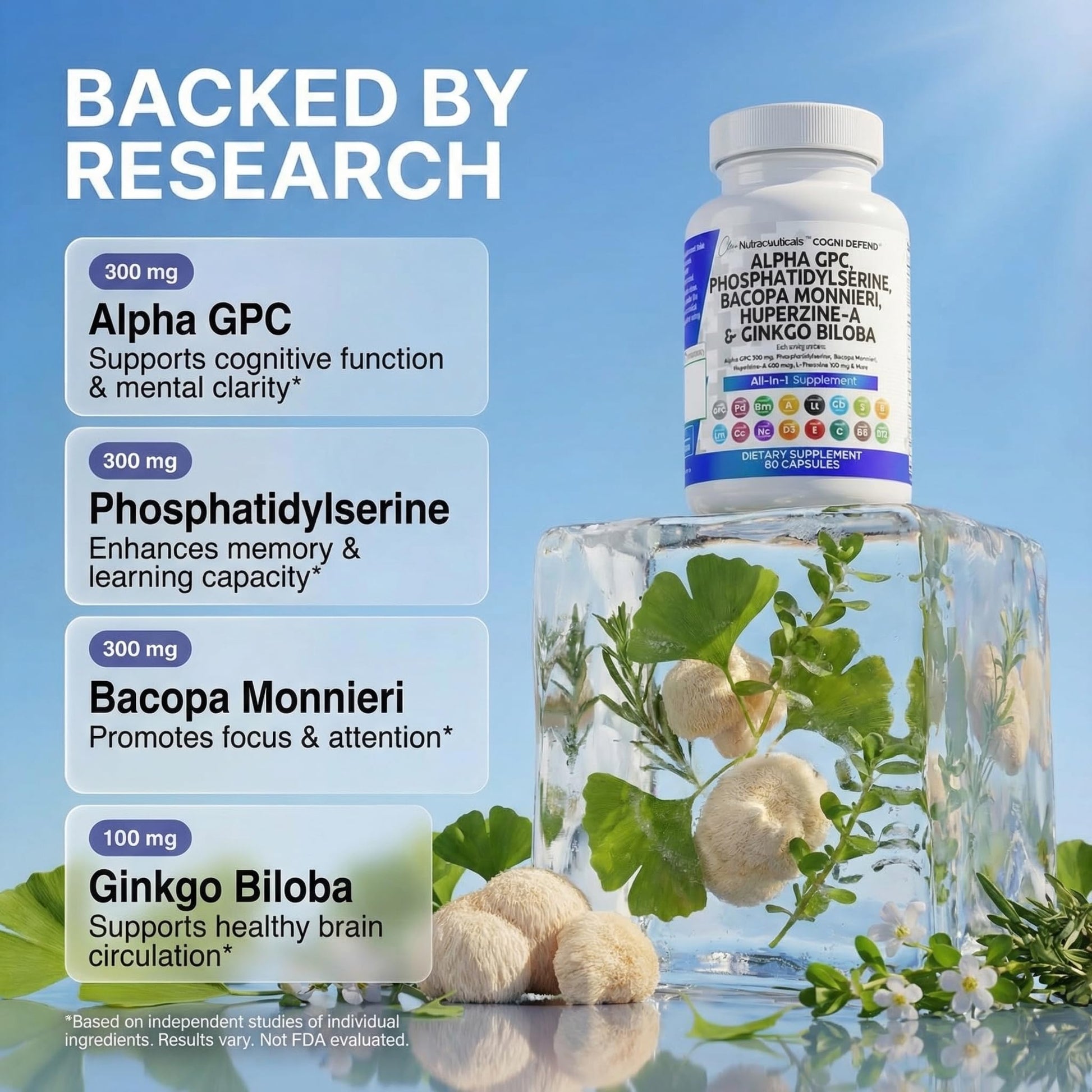 Brain Supplement Alpha GPC 300mg Phosphatidylserine Bacopa Monnieri Ginkgo Biloba Lions Mane Huperzine A L-Theanine NAC Nootropic Memory Focus Cognitive Support Vitamins B C D E 60 Capsules USA Clean Nutraceuticals buy supplements canada