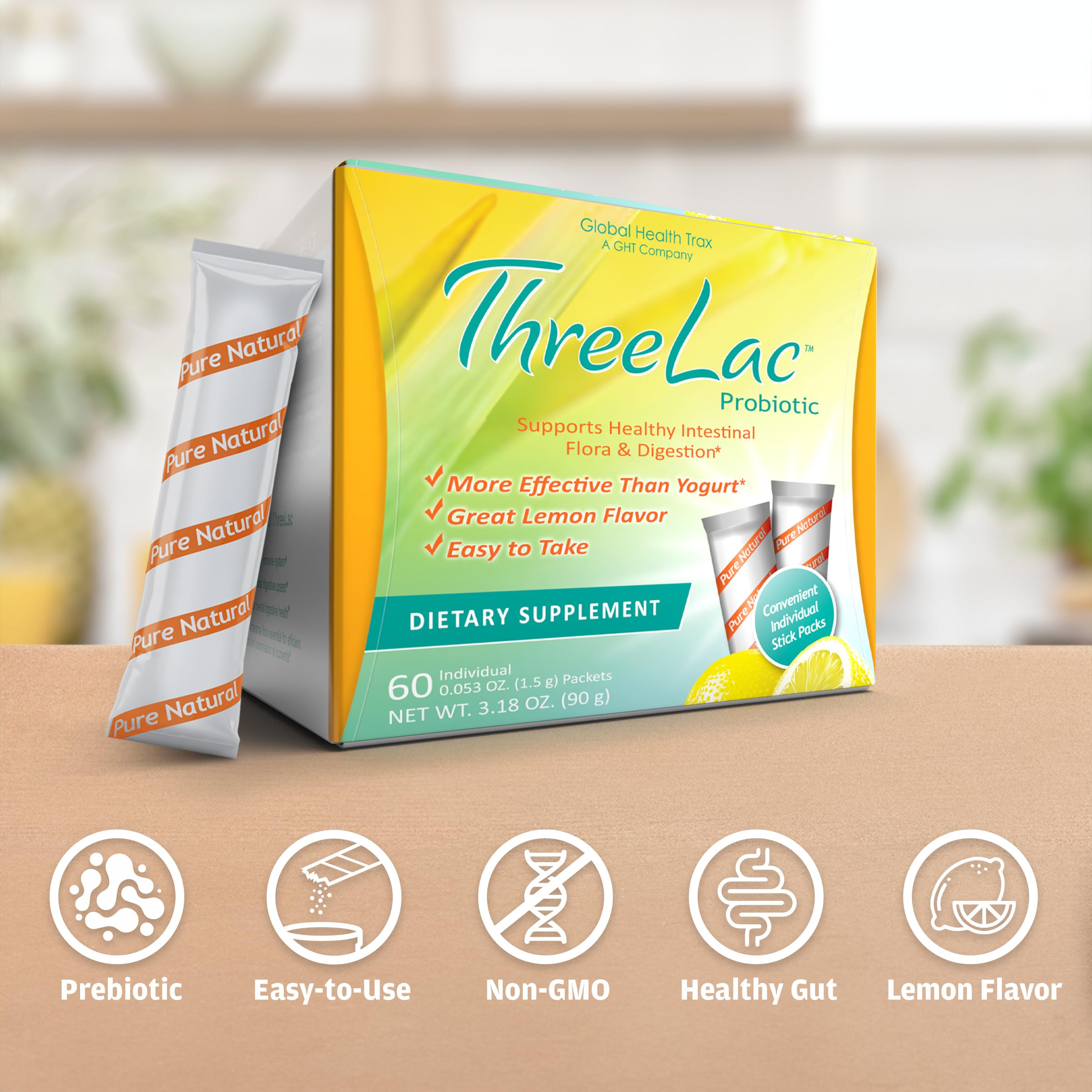 Global Health Trax GHT - ThreeLac Lemon Probiotic Drink Mix for Digestive Health - Advanced Probiotic Powder Formula for Men, Women & Kids - Immune Support & Gut Balance, Non-GMO - 60 Packets ght Global Health Trax buy supplements canada