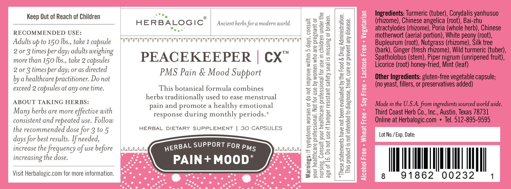 Herbalogic - Peacekeeper CX Herb Capsules - Reduces PMS Related Mood Swings - Reduces Cramps & Pain Associated with Monthly Periods - Contains Turmeric & Corydalis - 30 Cap Count Herbalogic buy supplements canada