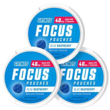 GRINDS Focus Pouches - Naturally Flavored with Nootropic Ingredients - Contains Alpha GPC and L-Theanine - Nicotine-Free, Sugar-Free - 3 Pack, 18 Pouches Per Can - Blue Raspberry GRINDS buy supplements canada