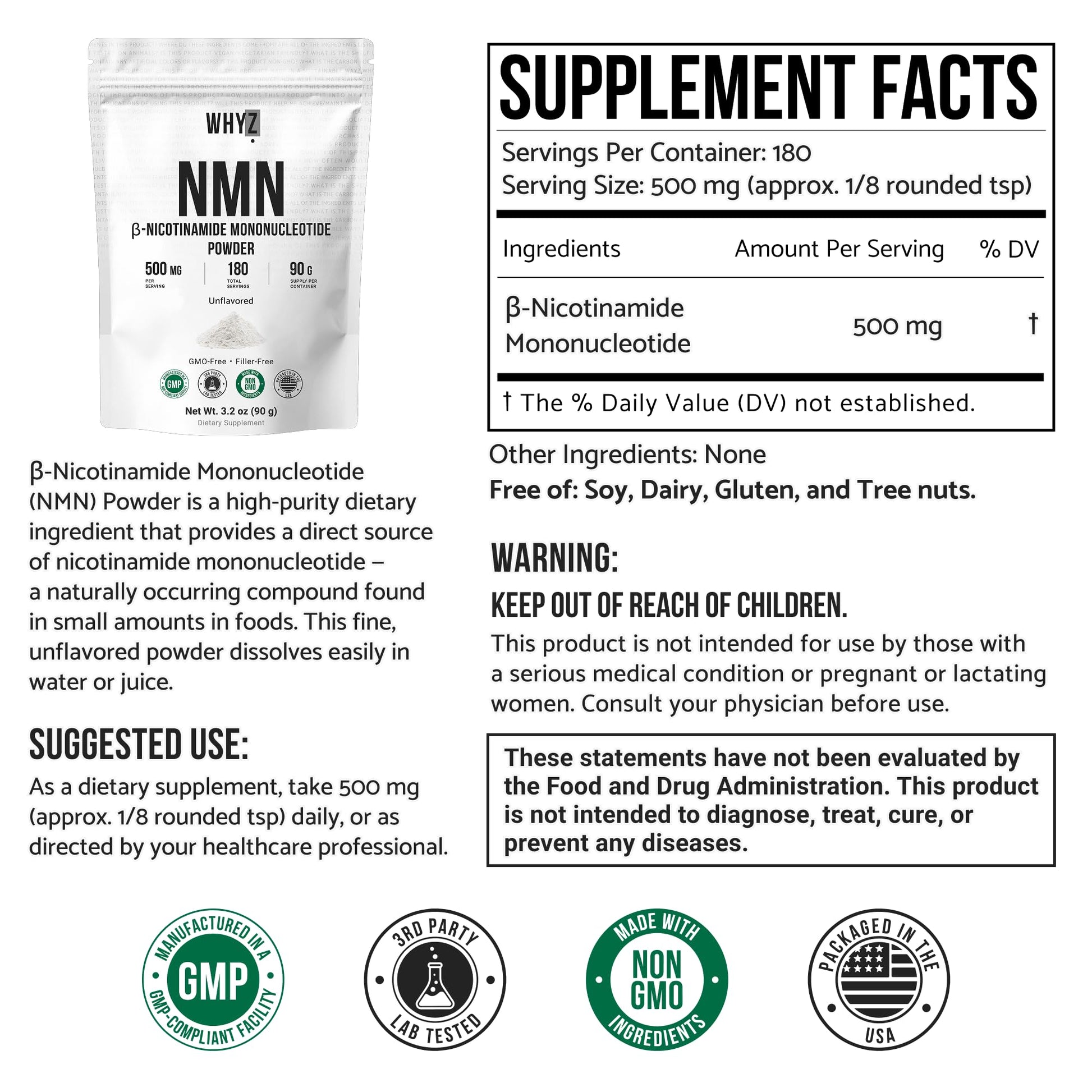 Pure NMN Powder Nicotinamide Mononucleotide Quick Dissolved NMN Supplement Powder 100% Unflavored NMN Supplement Supports NAD+ Levels Vegan Friendly Non-GMO, 90g WHYZ buy supplements canada