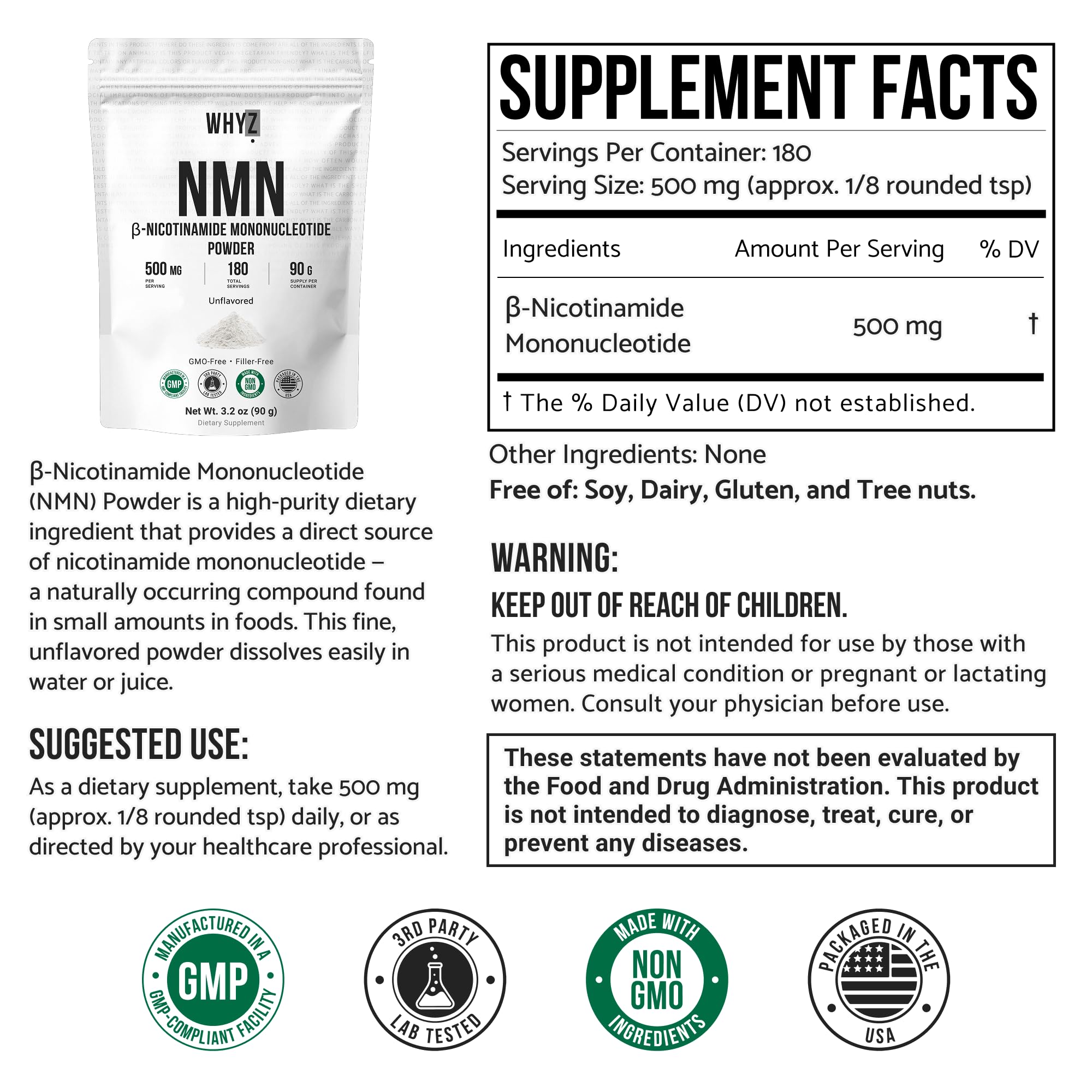 Pure NMN Powder Nicotinamide Mononucleotide Quick Dissolved NMN Supplement Powder 100% Unflavored NMN Supplement Supports NAD+ Levels Vegan Friendly Non-GMO, 90g WHYZ buy supplements canada