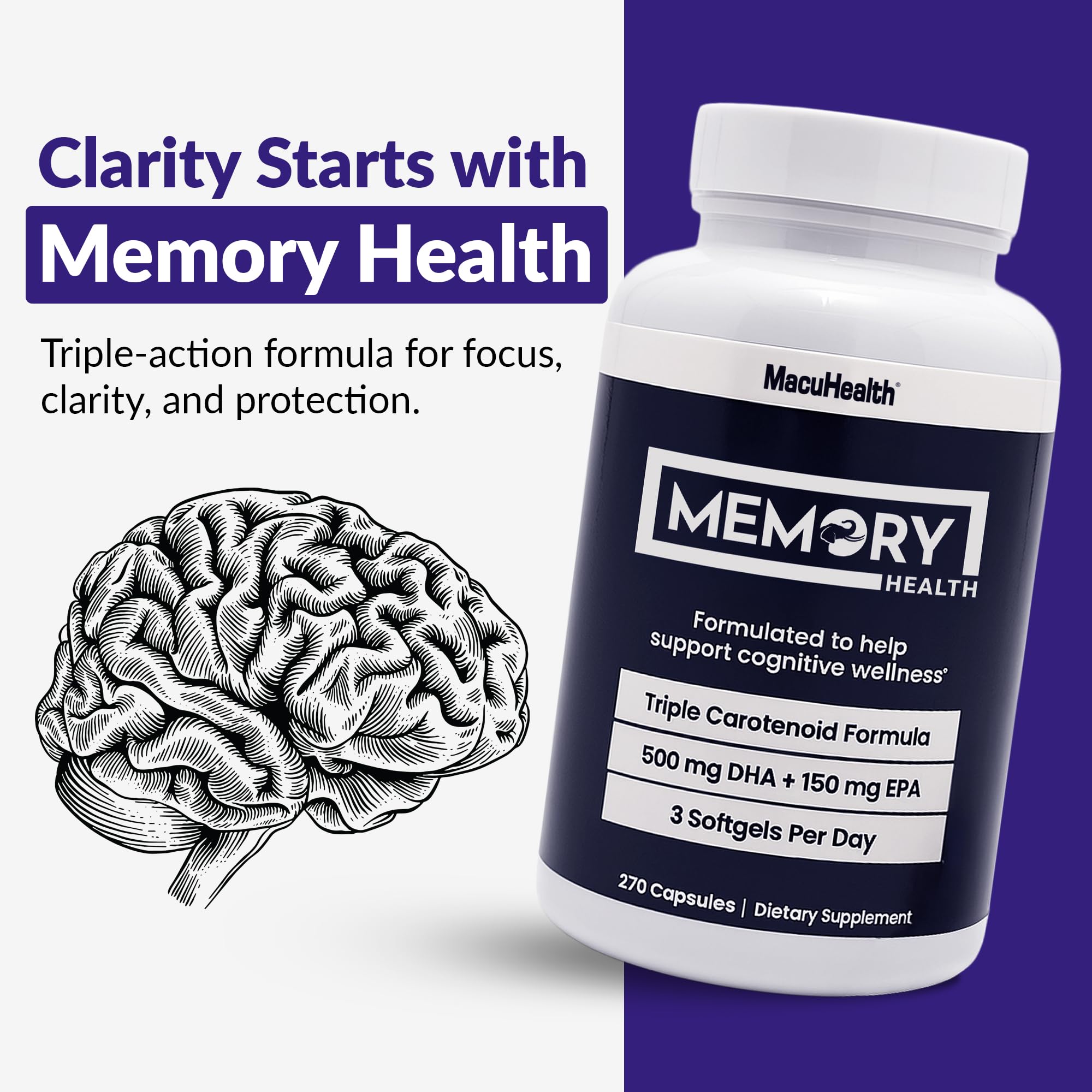 Memory Health Softgels with Omega-3, Carotenoids, and Vitamin E – Designed for Mental Focus, Energy, and Enhanced Clarity - (270 Softgels, 90 Days Supply) Macuhealth buy supplements canada