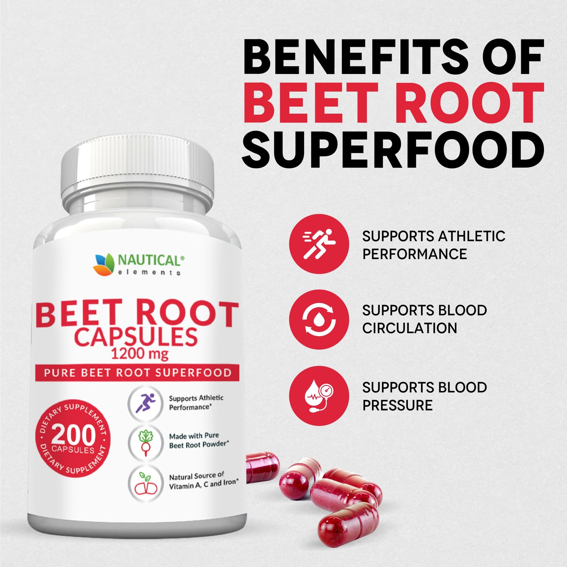 Beet Root Capsules - 1200mg Per Serving - 200 Beet Root Powder Capsules - Beetroot Powder Supports Blood Pressure, Athletic Performance, Digestive Nautical Elements buy supplements canada