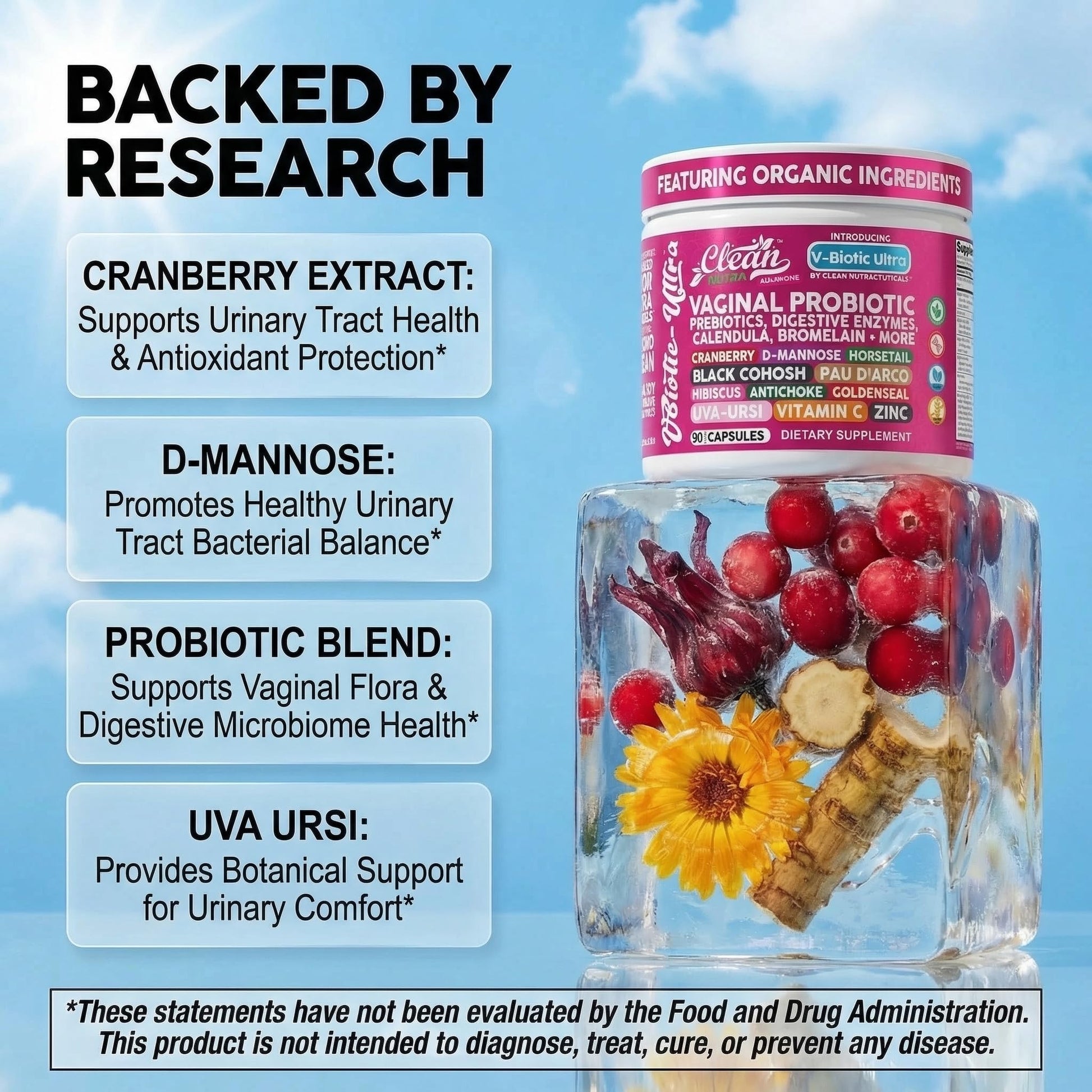 Clean Nutra Vaginal Probiotics for Women + Prebiotics Digestive Enzymes Bromelain Cranberry D Mannose Horsetail Black Cohosh Artichoke Hibiscus Flowers Probiotic for Digestive Health 90 Vegan Capsules Clean Nutraceuticals buy supplements canada