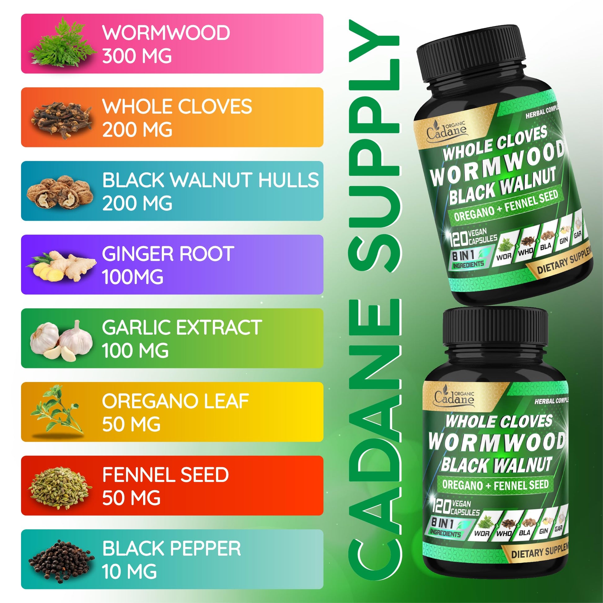 Cadane Wormwood Whole Cloves Black Walnut with Ginger, Garlic, Oregano, Fennel & Black Pepper | Digestive & Wellness Support | 120 Capsules – 60-Day Organic Cadane buy supplements canada