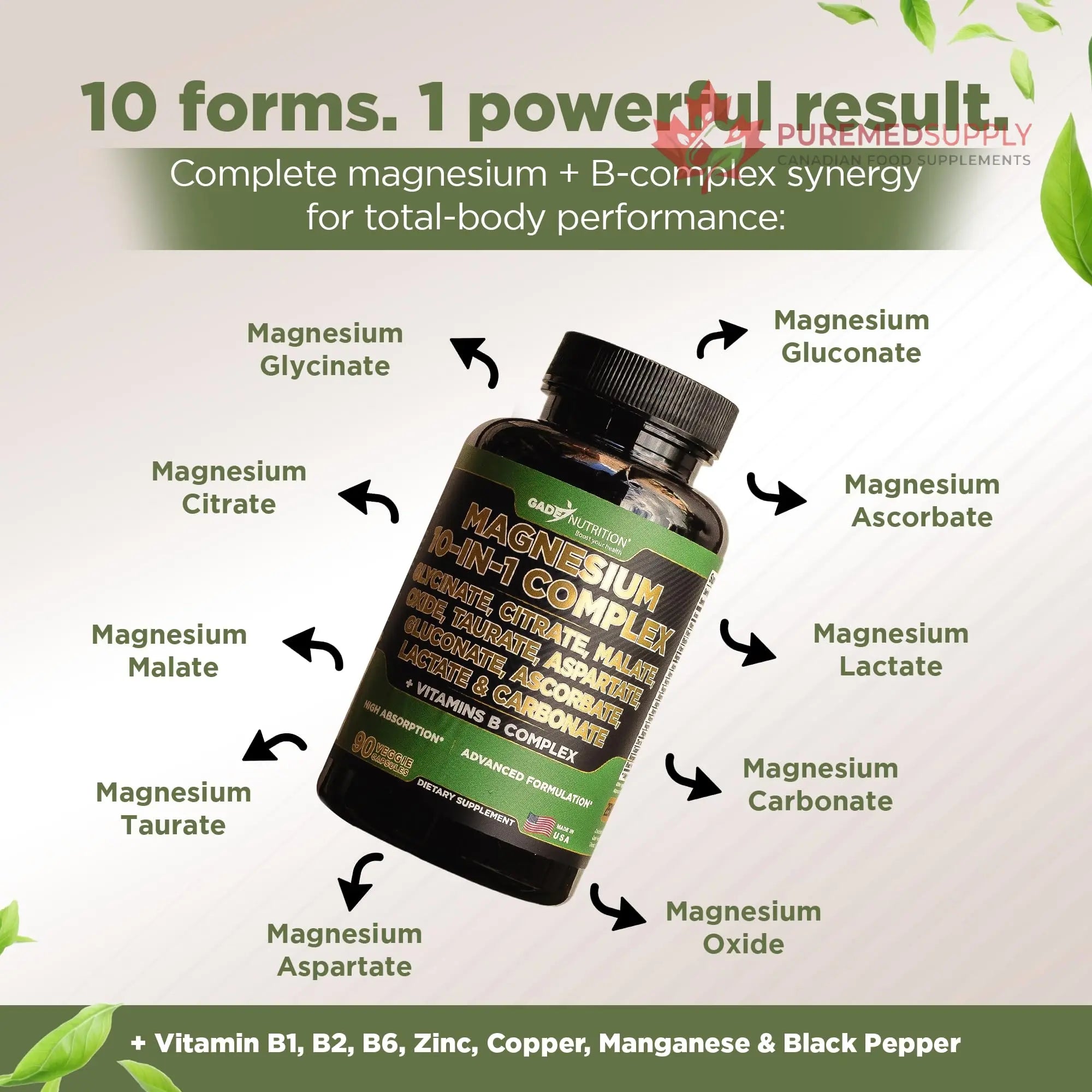 Gade Nutrition Magnesium Complex 10 in 1 - Glycinate, Citrate, Malate, Oxide, Taurate, Aspartate, Gluconate Ascorbate Lactate Carbonate Zinc Copper Manganese & Vitamins 90 Count GADE NUTRITION BOOST YOUR HEALTH buy supplements canada