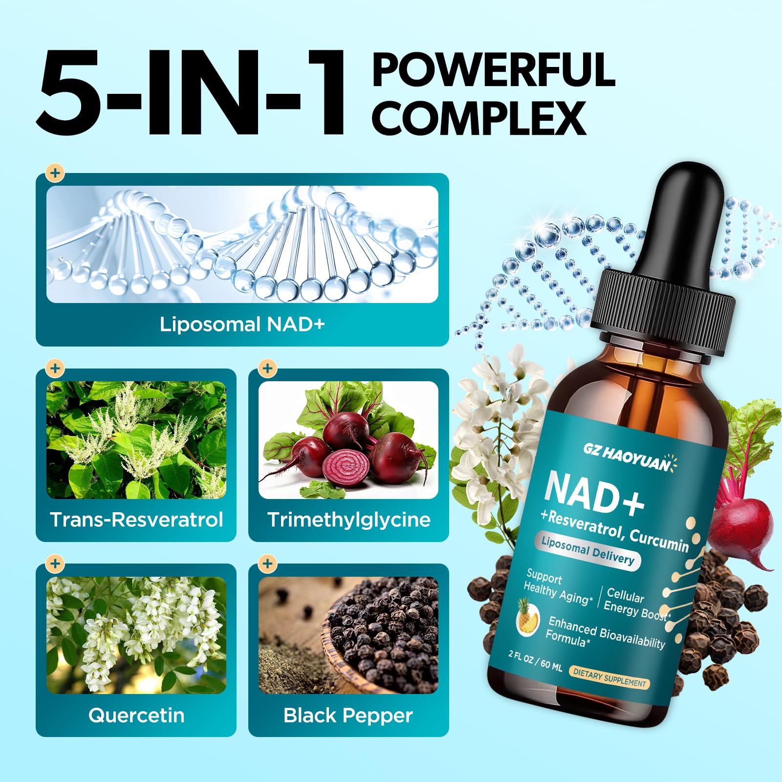 GZ HAOYUAN NAD Liquid Supplement for Women, Liposomal NAD+ Drops 1200MG with NAD Plus Resveratrol, Tmg, Quercetin, Anti-Aging, Cell Regeneration, Energy & Metabolism Support, Pineapple Flavor GZ HAOYUAN buy supplements canada