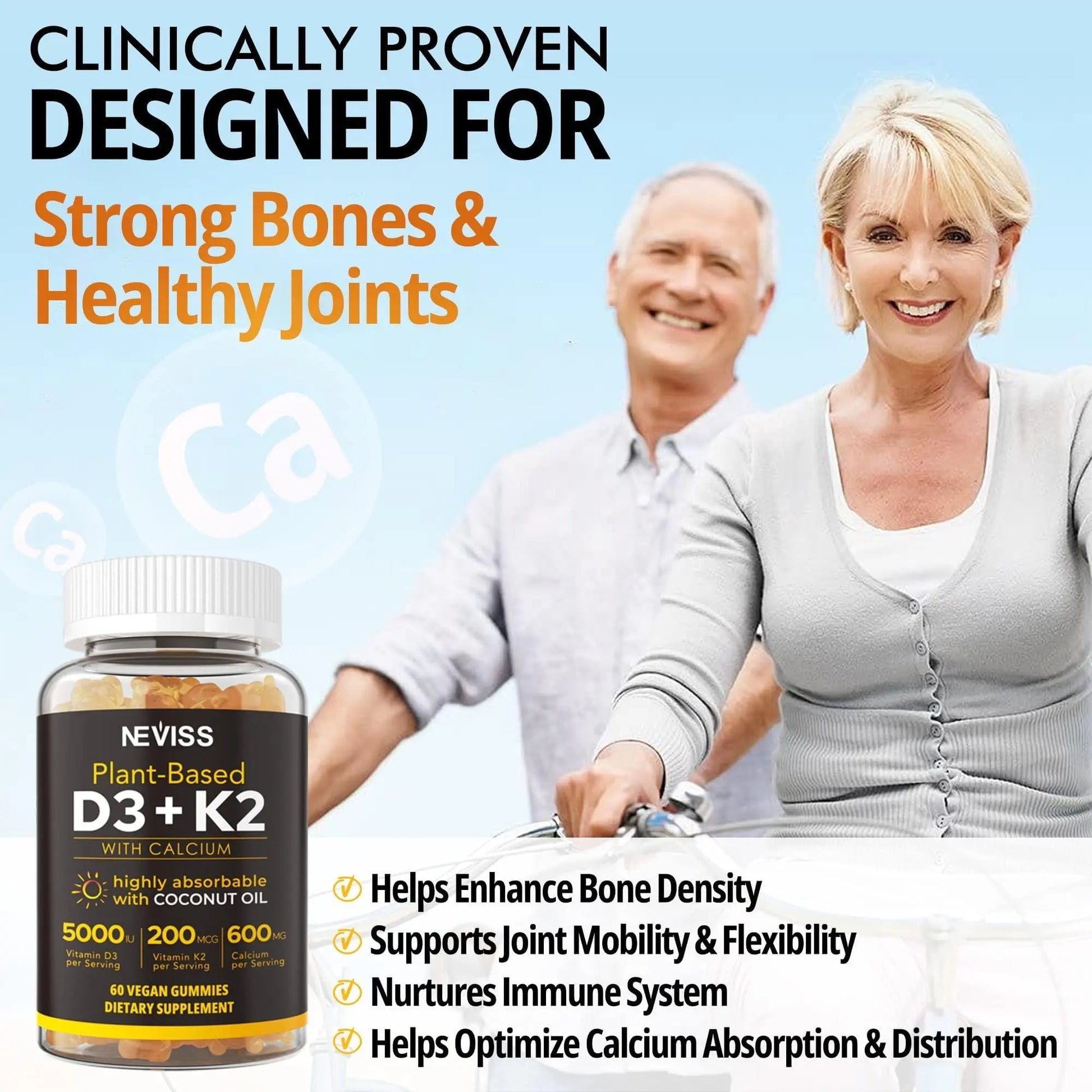 NEVISS 50+ Daily Gummy Multivitamin Algae Omega 3 & Calcium, CoQ10, Magnesium + Vitamin D3 5000IU Gummies 125mcg with Calcium 600mg, K2(MK7) 200mcg NEVISS buy supplements canada