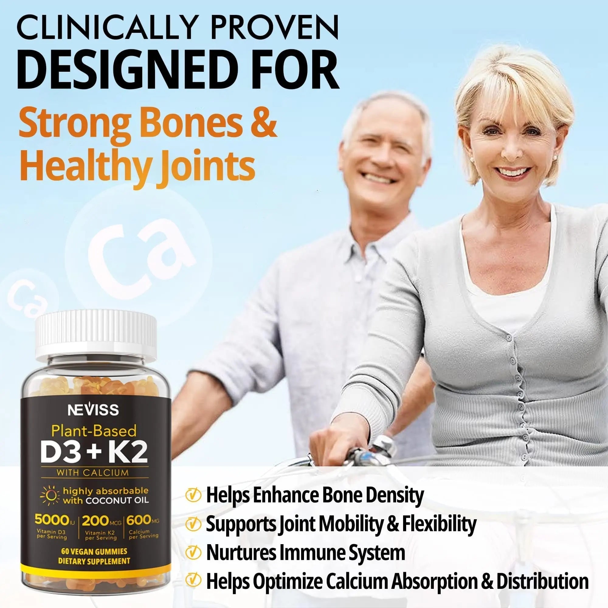 NEVISS 50+ Daily Gummy Multivitamin Algae Omega 3 & Calcium, CoQ10, Magnesium + Vitamin D3 5000IU Gummies 125mcg with Calcium 600mg, K2(MK7) 200mcg NEVISS buy supplements canada