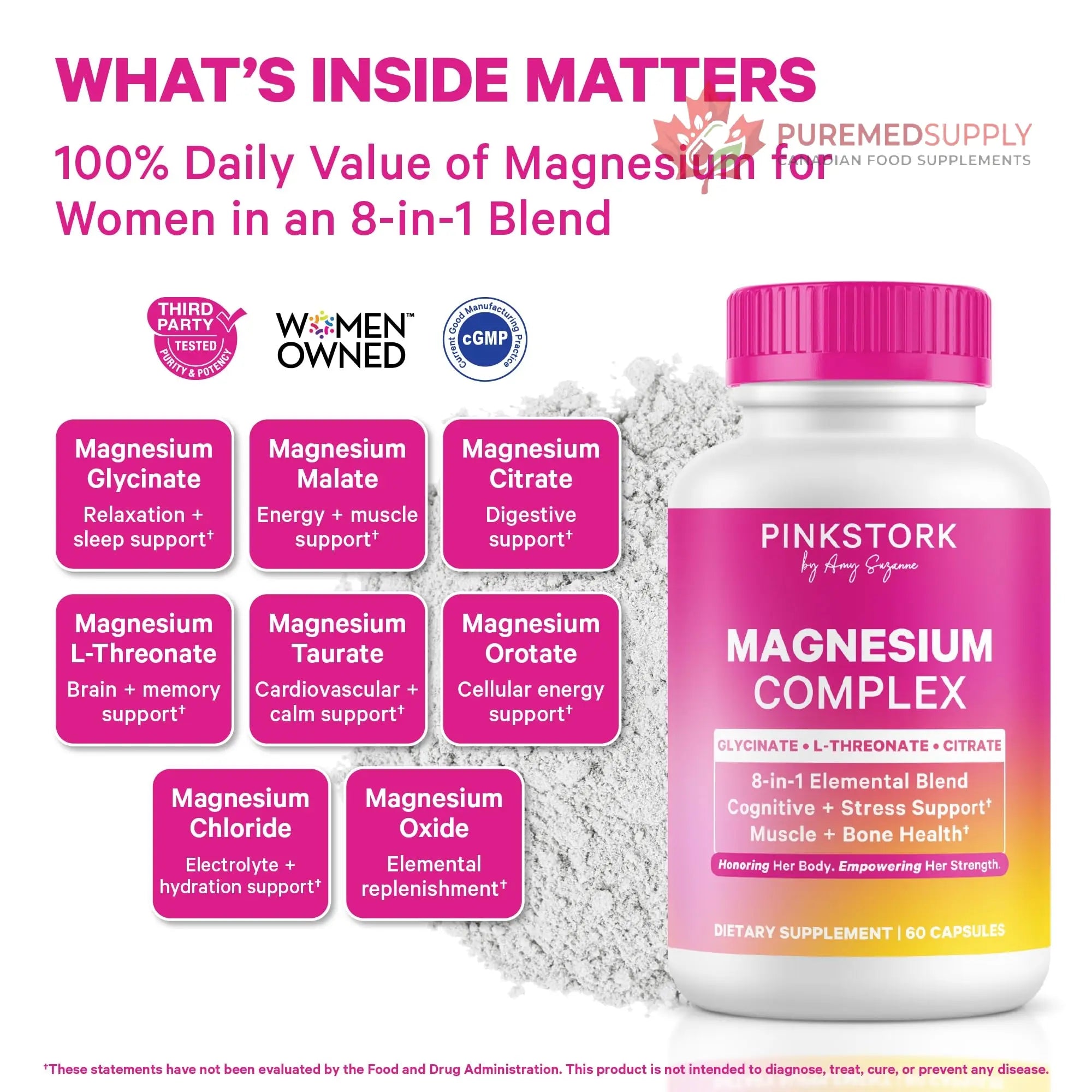 Pink Stork Magnesium Complex for Women - 8 Forms Including Glycinate, Malate, Citrate & L-Threonate - Stress, Sleep, Muscle & Hormone Support - 400 mg Elemental Magnesium - 60 Vegan Capsules Pink Stork buy supplements canada