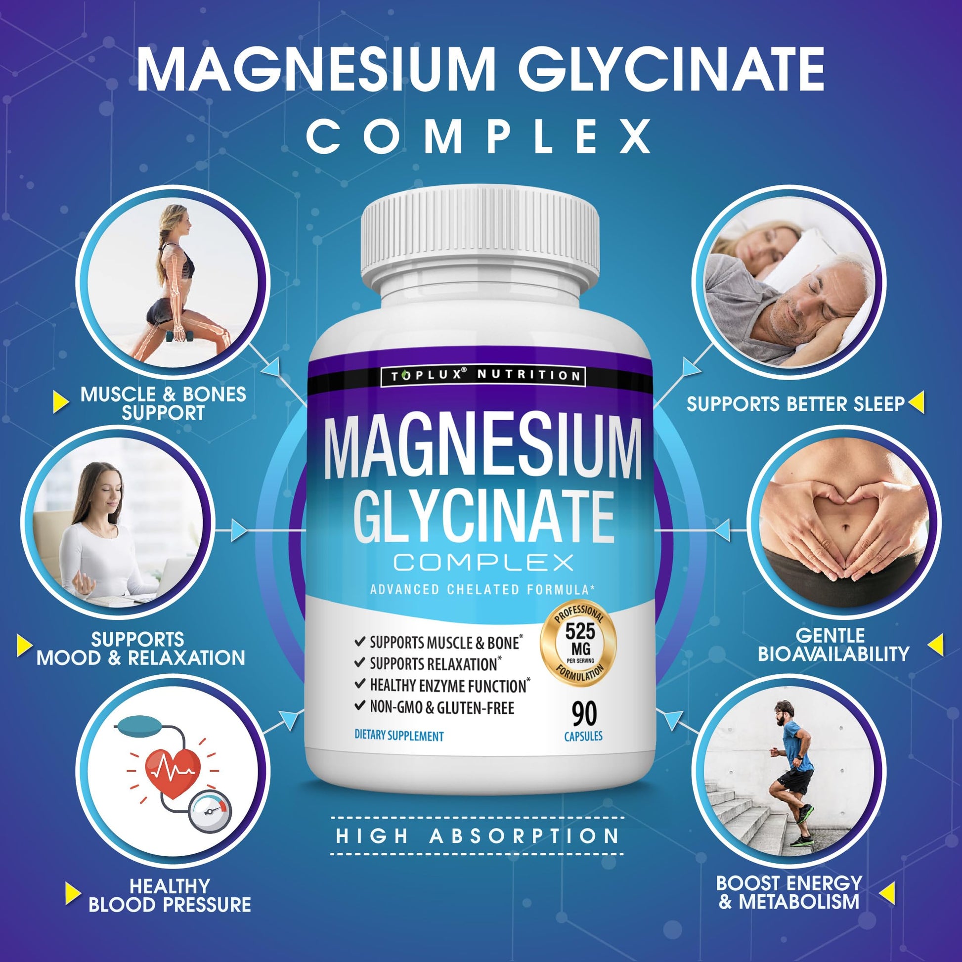 Magnesium Glycinate 525mg - High Absorption Chelated Magnesium Supplement Made with Pure Magnesium Glycinate - Supports Muscles, Sleep, Cramps, Recovery Bisglycinate Toplux buy supplements canada