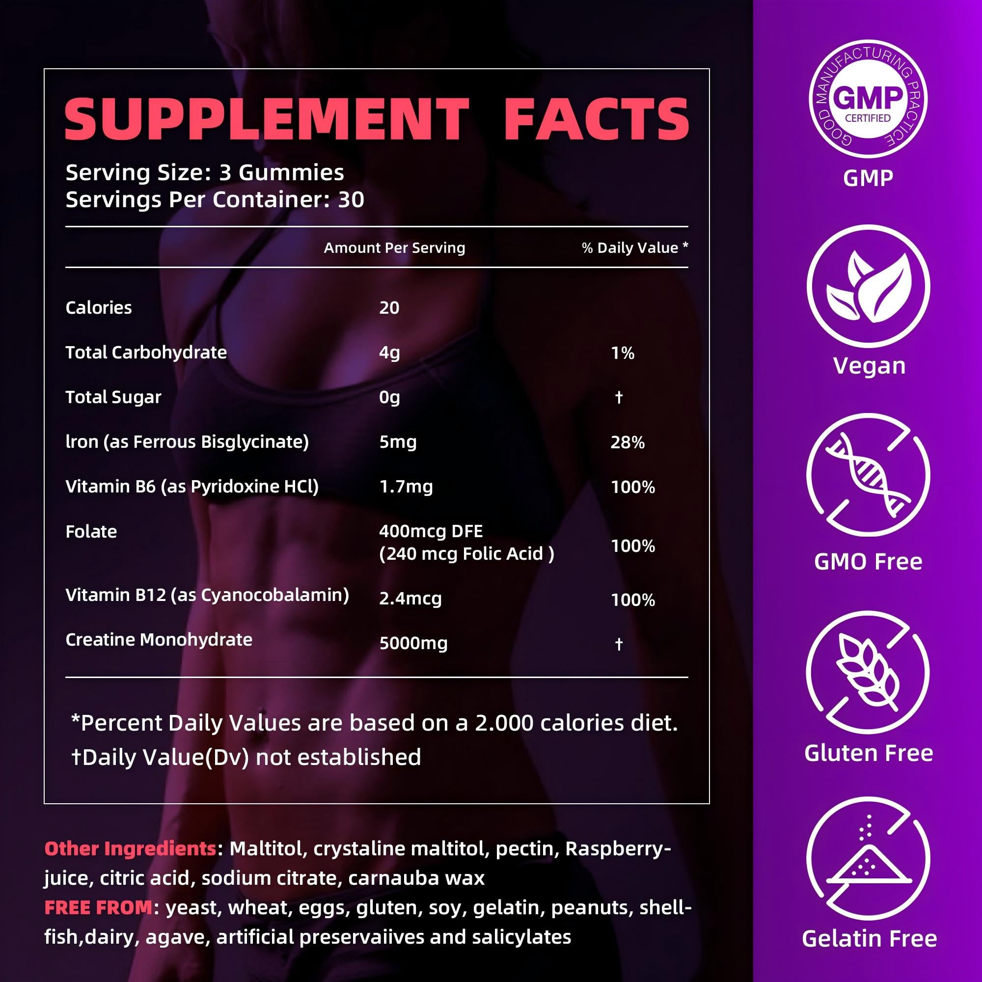 IRIDESICENT Creatine Monohydrate Gummies 5000mg w/Iron, Vitamin B6 & B12, Sugar Free 5g Creatine Supplements for Women and Men Boost Energy & Muscle Recovery - 90 Raspberry Gummies IRIDESICENT buy supplements canada