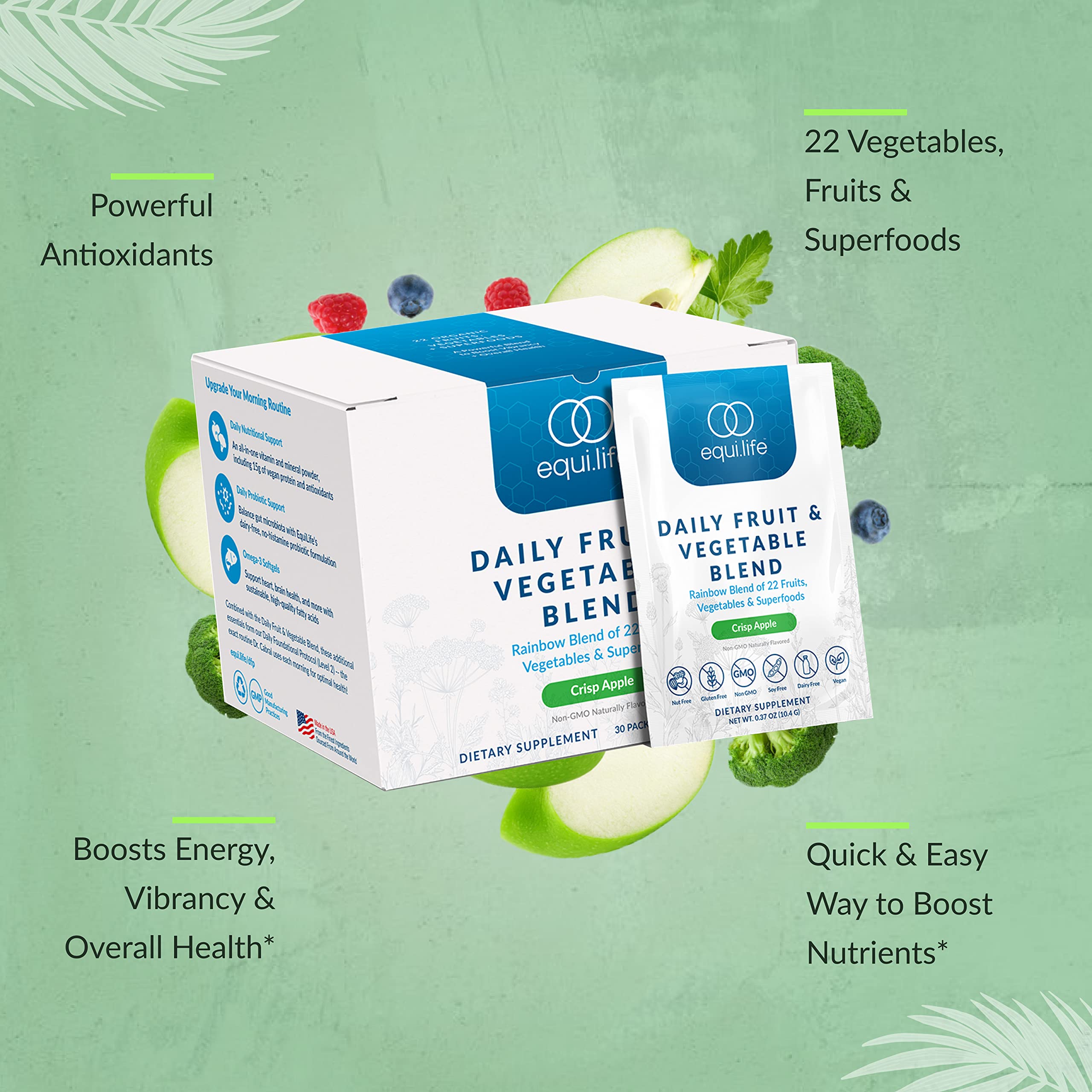 Equilife Daily Fruit & Vegetable Blend, Superfood Antioxidant Supplement, Crisp Apple Flavor with Vitamin C, Fiber, and 9 Essential Amino Acids, Supports Energy, Vegan, 14 Single Serve Packets Equilife buy supplements canada