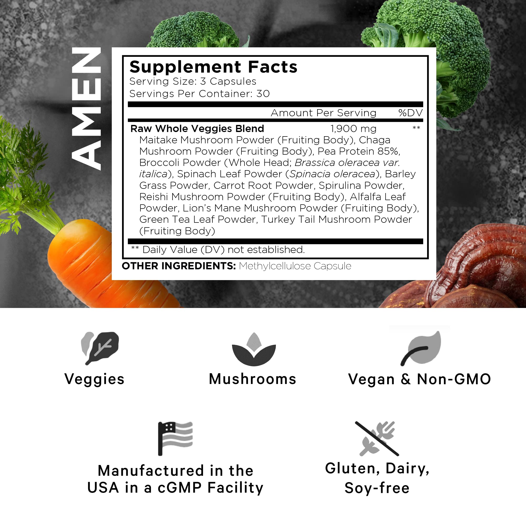 Amen Veggies, Daily Veggies Vitamins Supplement, Vegetables Vegan Blend & Whole-Food Raw Greens Multivitamin Capsules, Mushroom Complex, Superfood, Minerals, Green Vegetable Nutrients, Non-GMO, 90 ct Amen buy supplements canada
