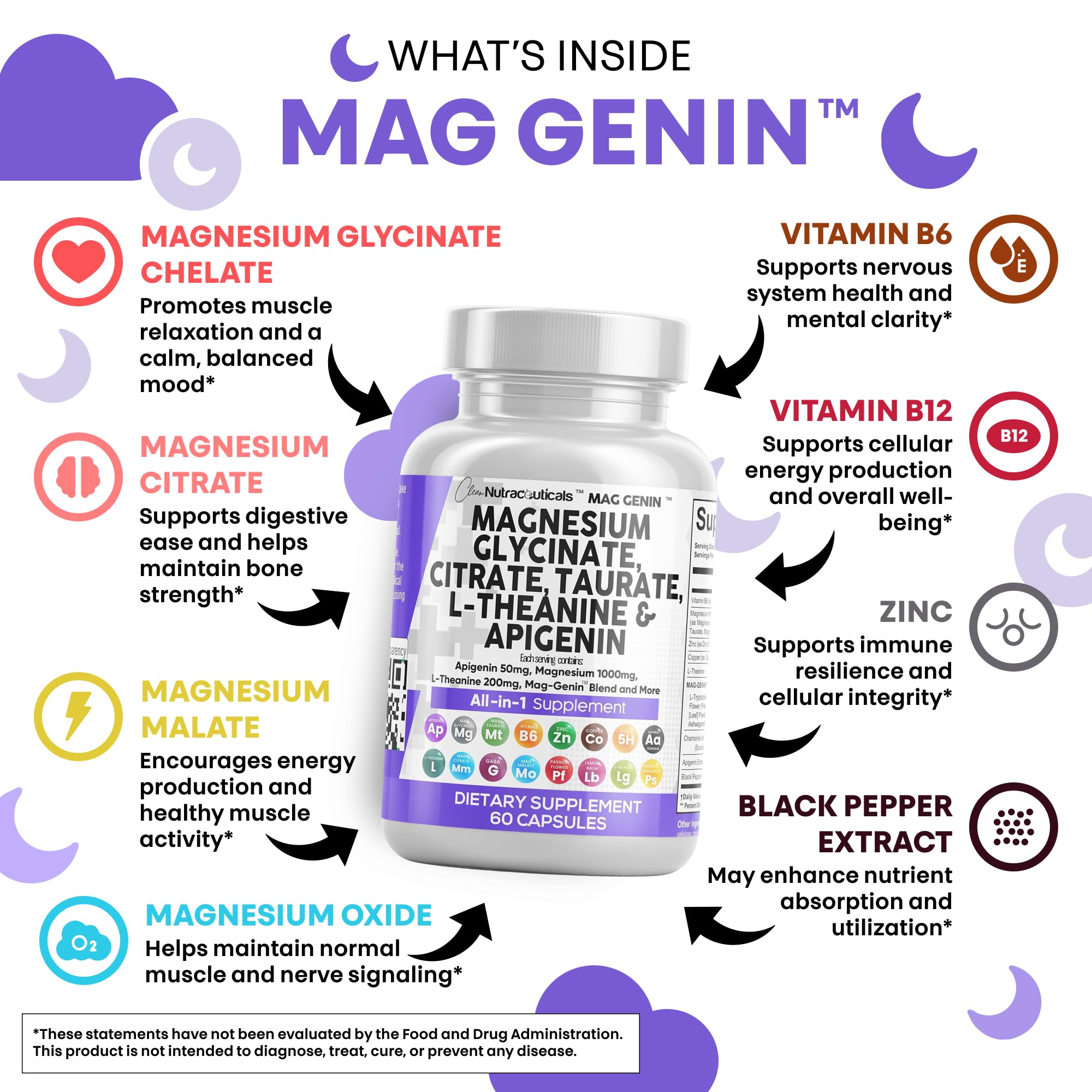 Clean Nutraceuticals Magnesium Glycinate Complex 1000mg with L-Theanine 200mg Apigenin 50mg Citrate Taurate Supplement - 5-HTP GABA Passion Flower Lemon Balm L-Glycine Phosphatidylserine - 60 Count Clean Nutraceuticals buy supplements canada