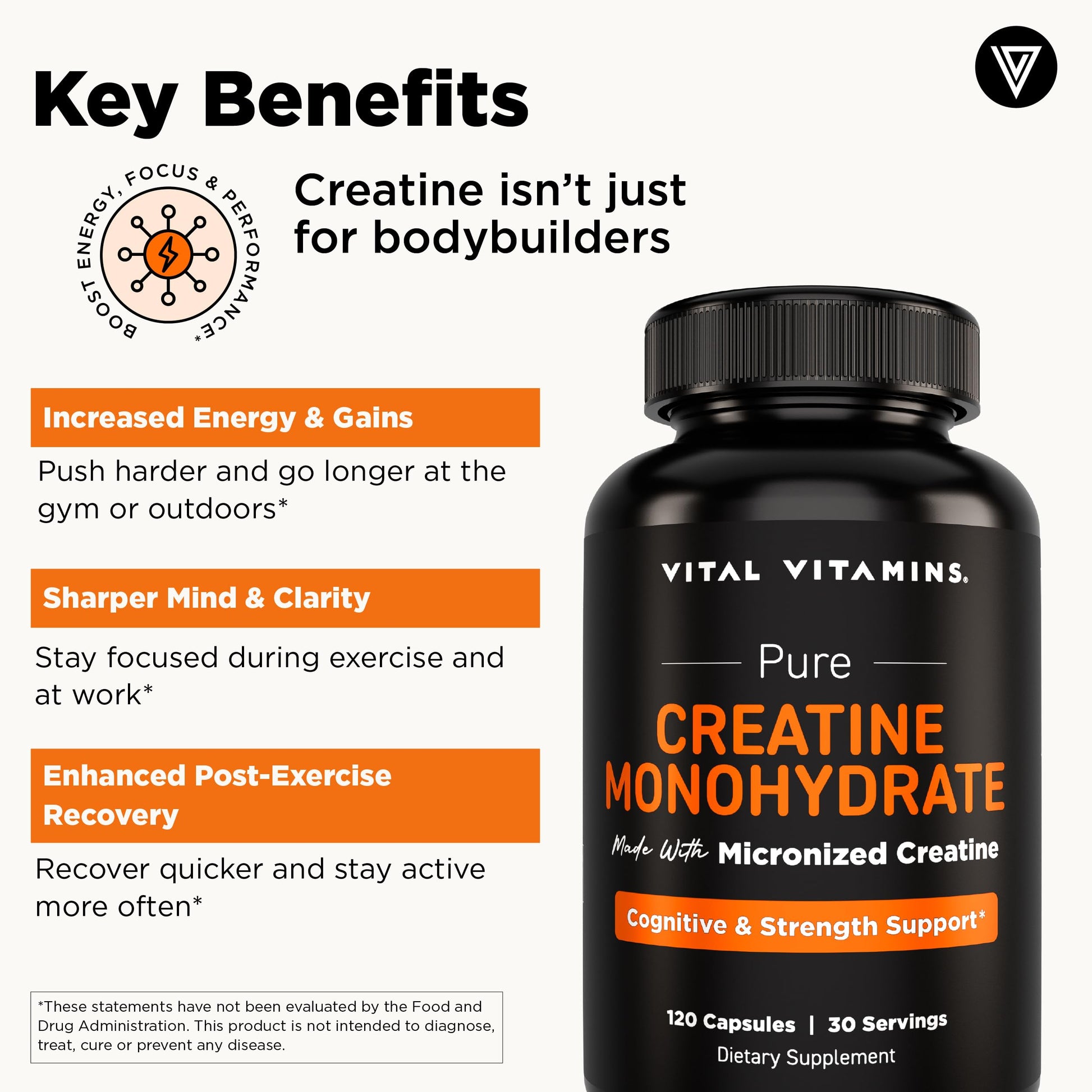 Vital Vitamins Creatine Monohydrate Pills for Women & Men - Micronized Creatine Capsules - Cognitive, Strength, Recovery Support - 3g (3000mg) per Serving - Vegan, Non-GMO, 120 Count Vital Vitamins buy supplements canada