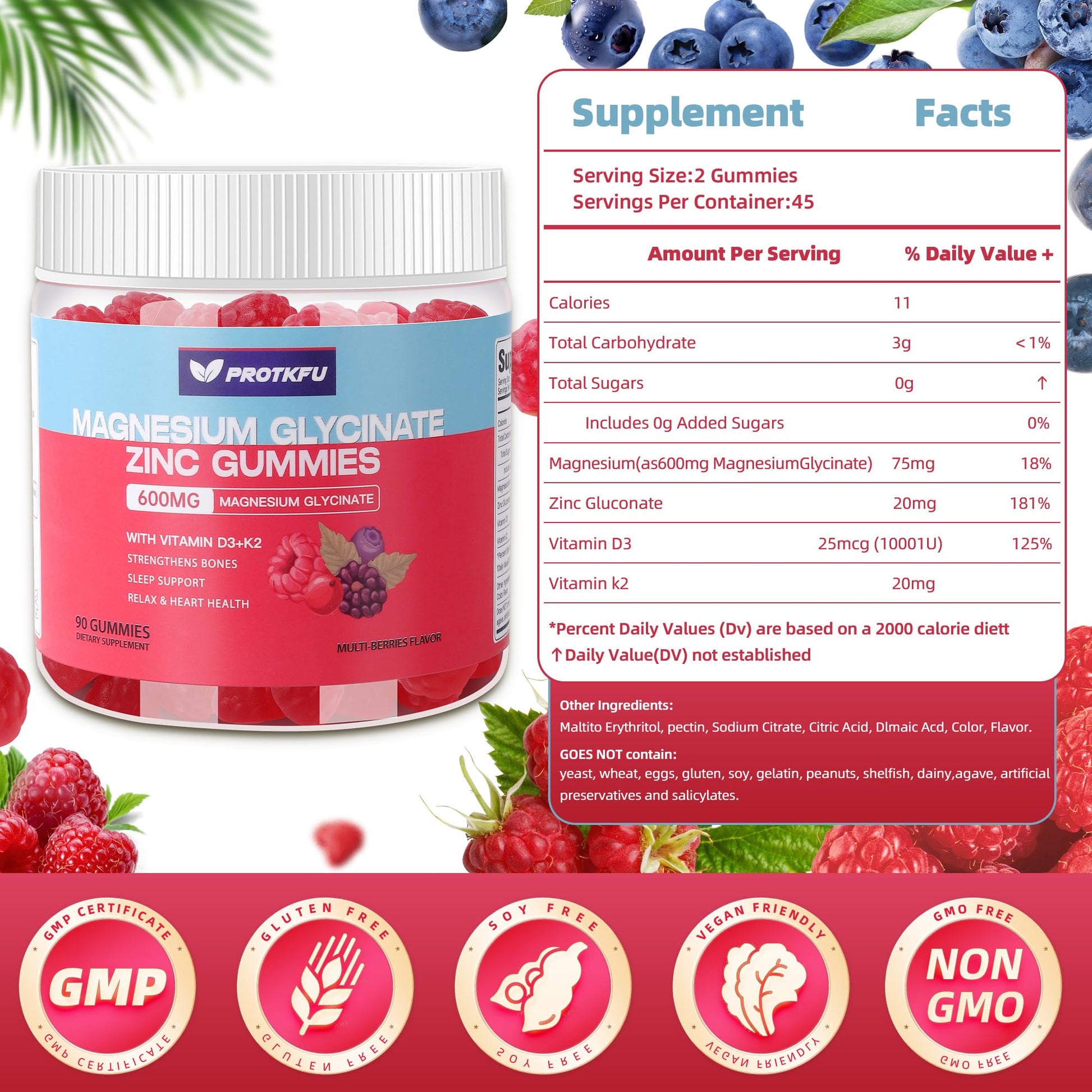 90 CT Magnesium Glycinate Gummies 600mg, Sugar Free Magnesium Gummies w/Zinc & Vitamin D3 & K2 - Magnesium Supplements for Sleep, Supports Bone Health, Nerve & Immune Function ProTKFU buy supplements canada
