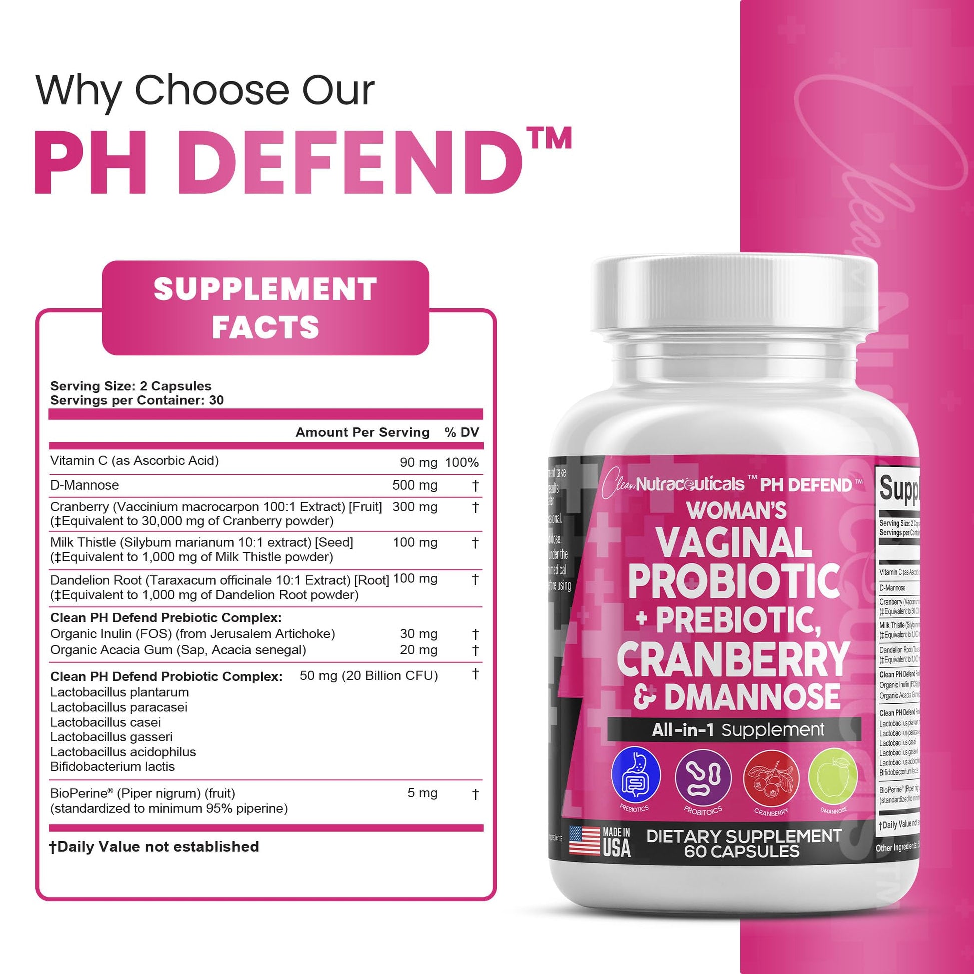 Vaginal Probiotics For Women + Prebiotics 20 Billion Cranberry Pills 30,000mg w/ D-Manno Clean Nutraceuticals buy supplements canada