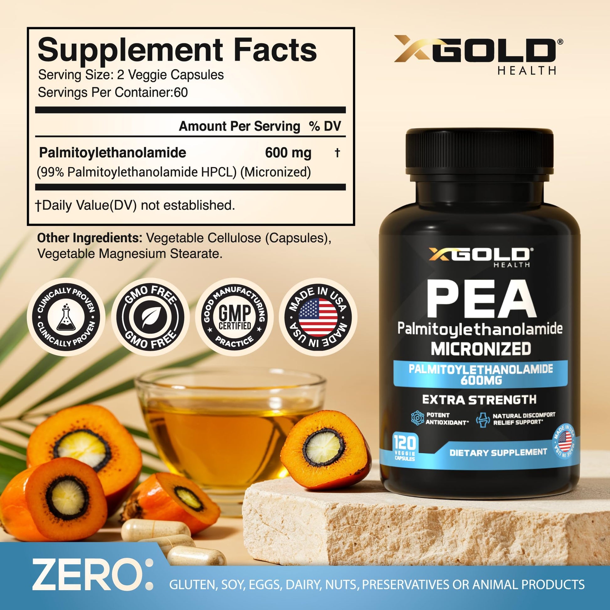Palmitoylethanolamide Pea Supplement 600 mg | Micronized Pea 99% Highly Purified and Bioavailable | Made in USA | Supplement for Men and Women - 120 Capsules X Gold Health buy supplements canada