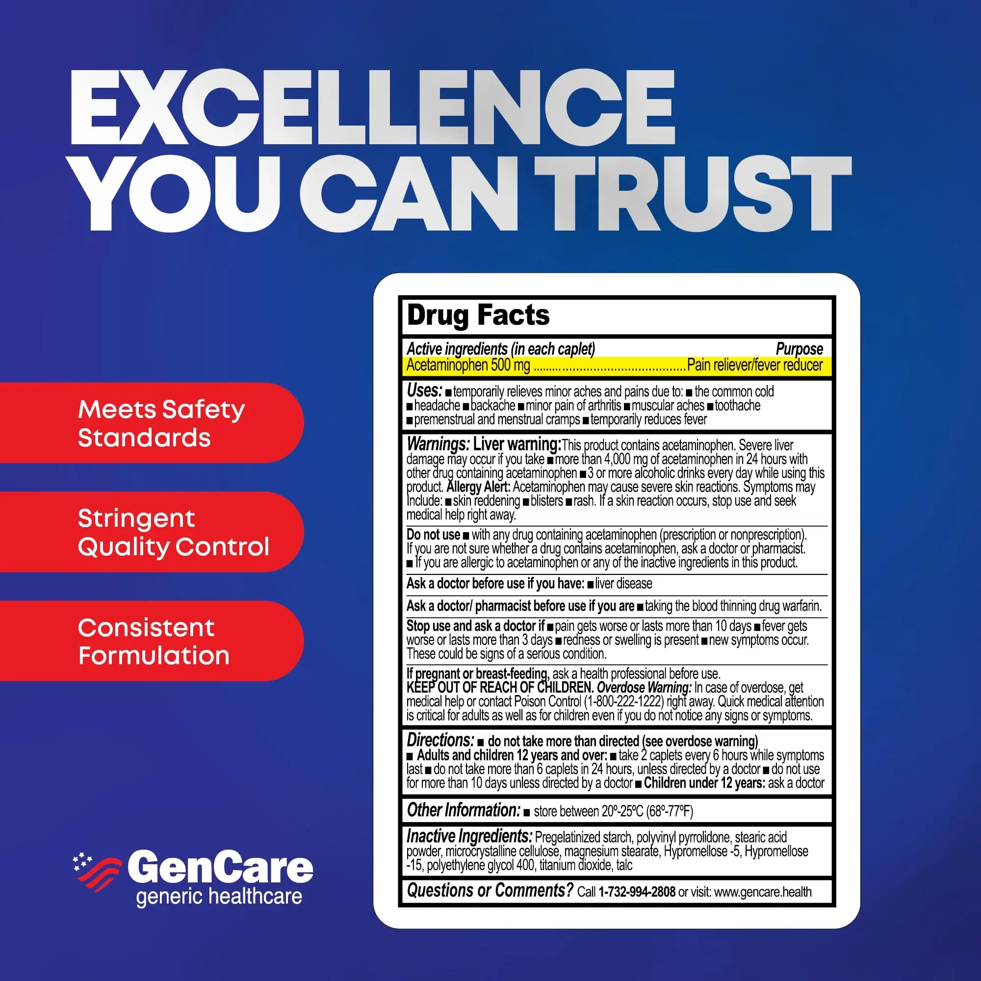 GenCare - Acetaminophen 500mg Extra Strength Pain Relief (300 Caplets) - Multi Symptom Pain Reliever for Headache, Sinus, Arthritis, Back Pain Muscle Ache, Toothache, Fever Reducer, Migraine GenCare buy supplements canada