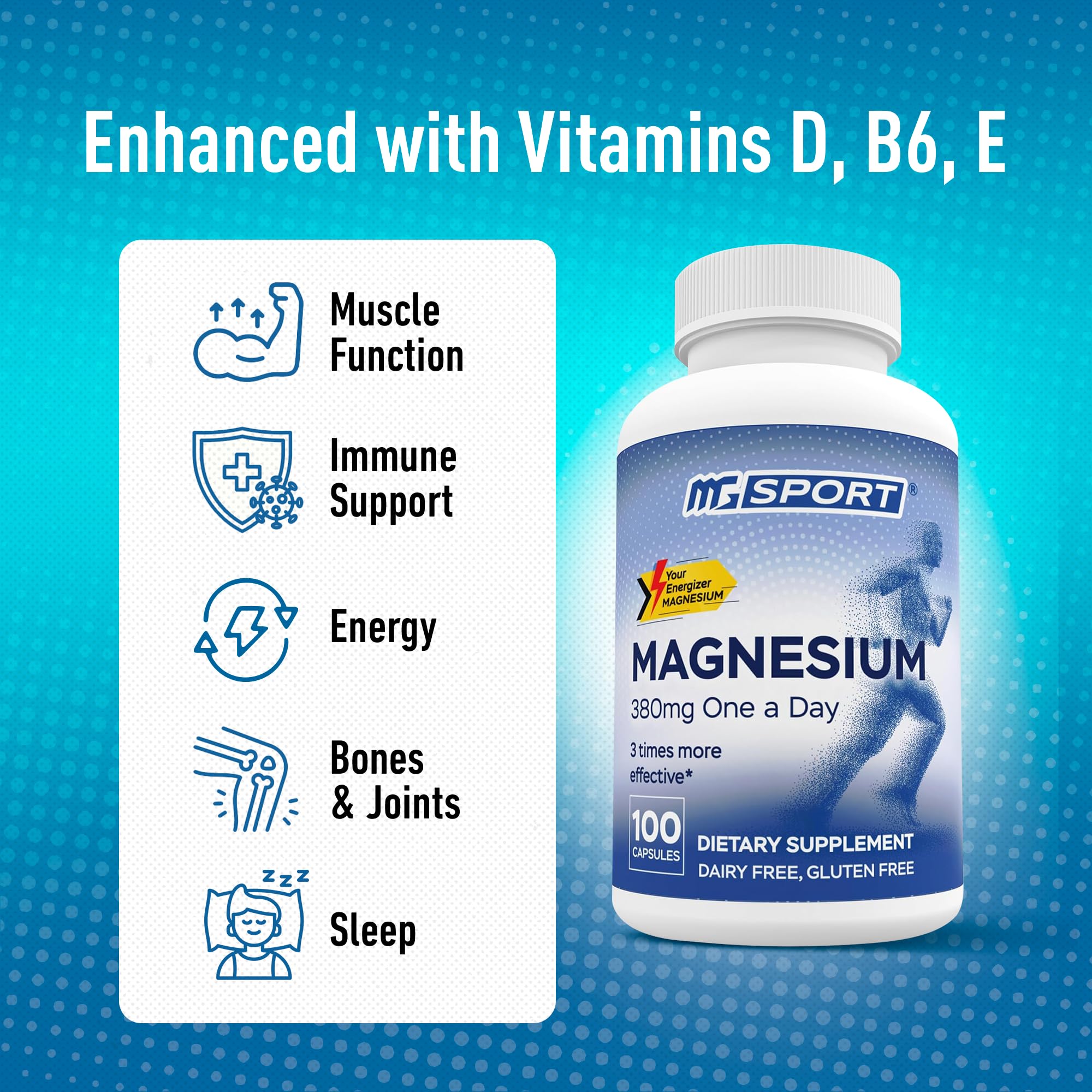 MGSPORT Magnesium Supplement 380mg - High Absorption Magnesium Complex Formula with Vitamins B6, D, E - Supports Muscle Function and Sleep Quality - 100 Servings MgSport buy supplements canada