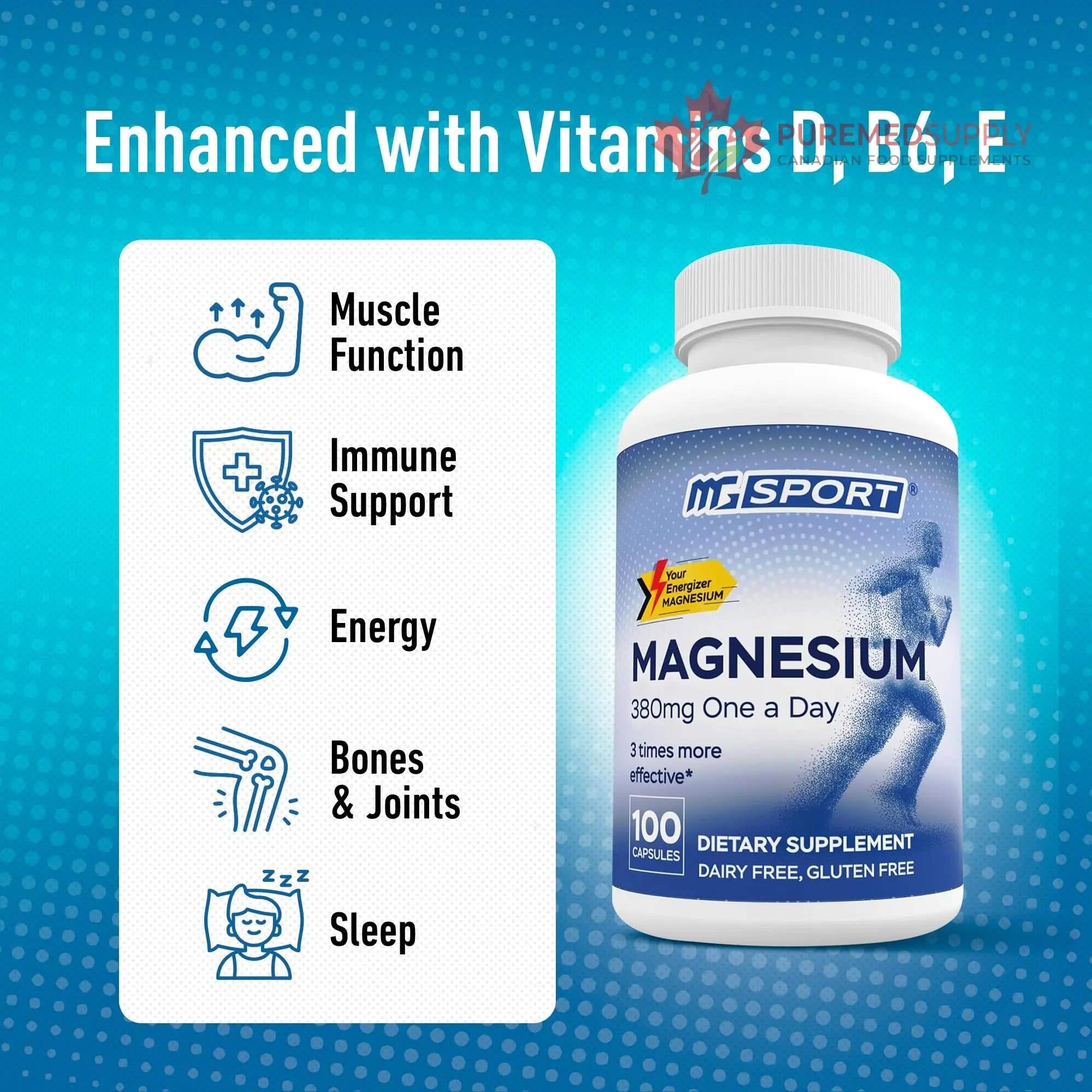 MGSPORT Magnesium Supplement 380mg - High Absorption Magnesium Complex Formula with Vitamins B6, D, E - Supports Muscle Function and Sleep Quality - 100 Servings MgSport buy supplements canada